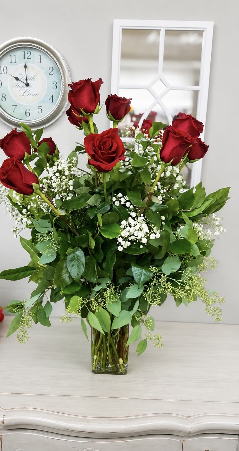 Red Roses Long Stem with Greenery & Baby Breath