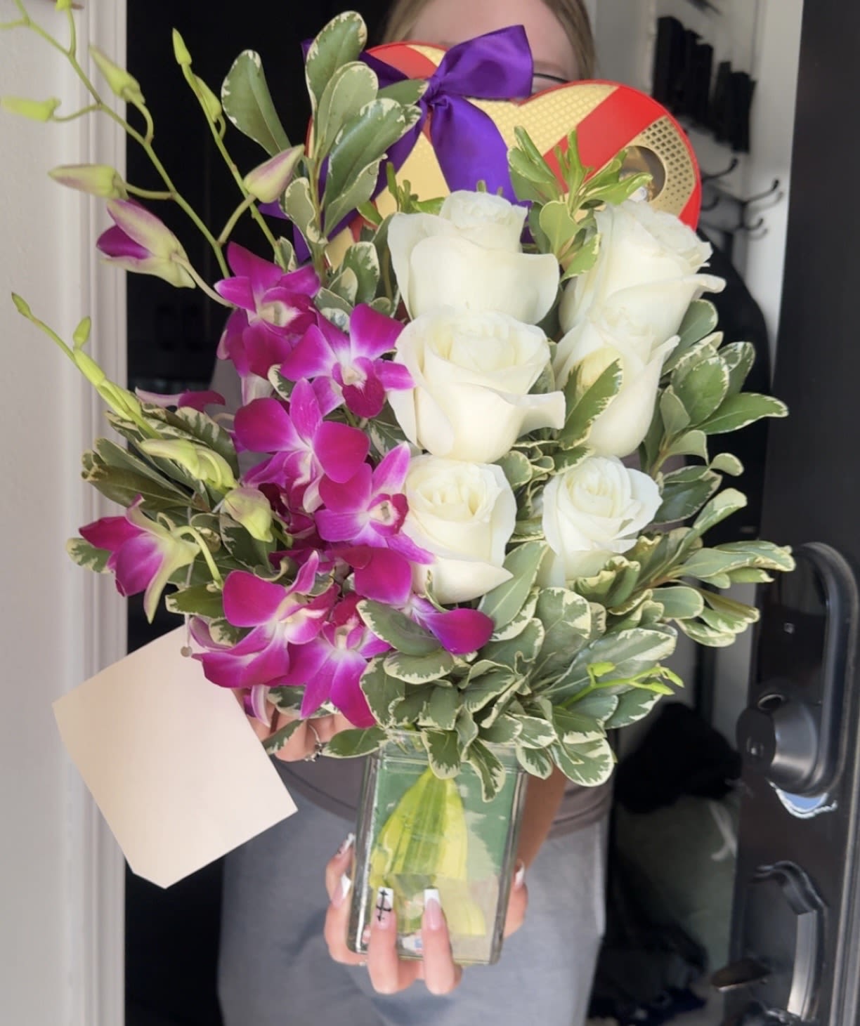 Cream White  Roses And Exotic Purple Orchids Cube Vase
