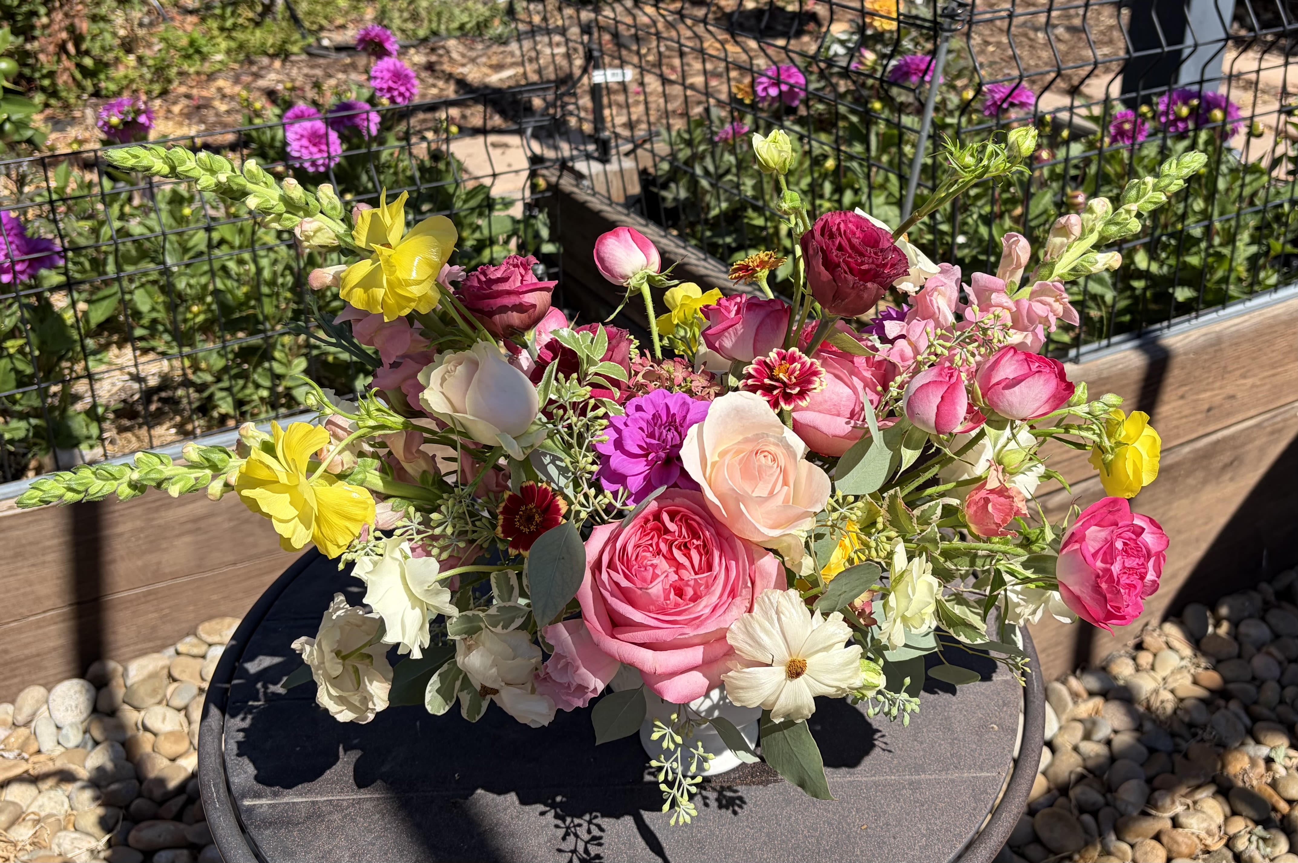 Mom’s Garden in ceramic compote vase