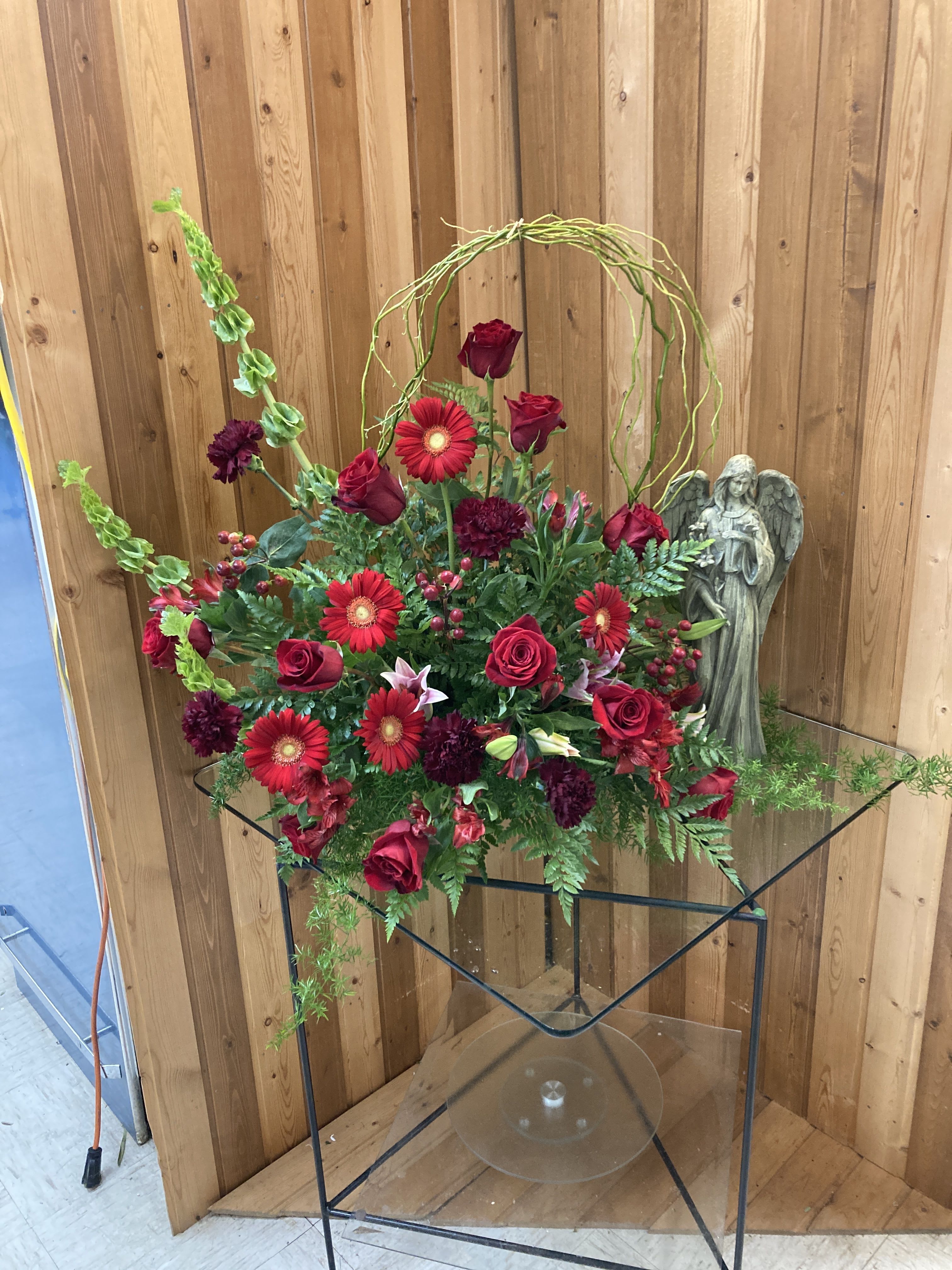 Large Red Fresh Arrangement with Concrete Angel