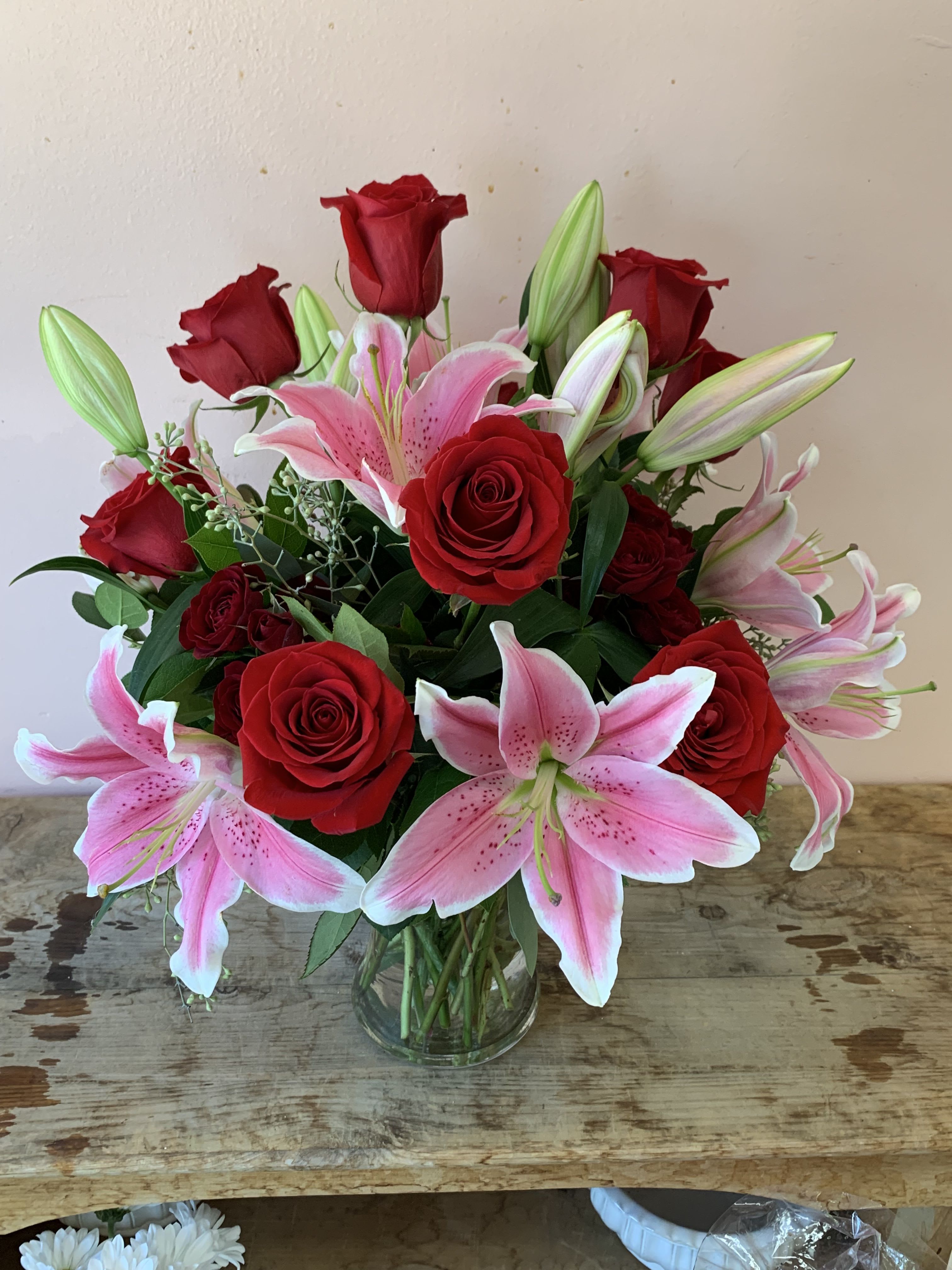 Pink oriental Lilies and Red Roses - W652   
