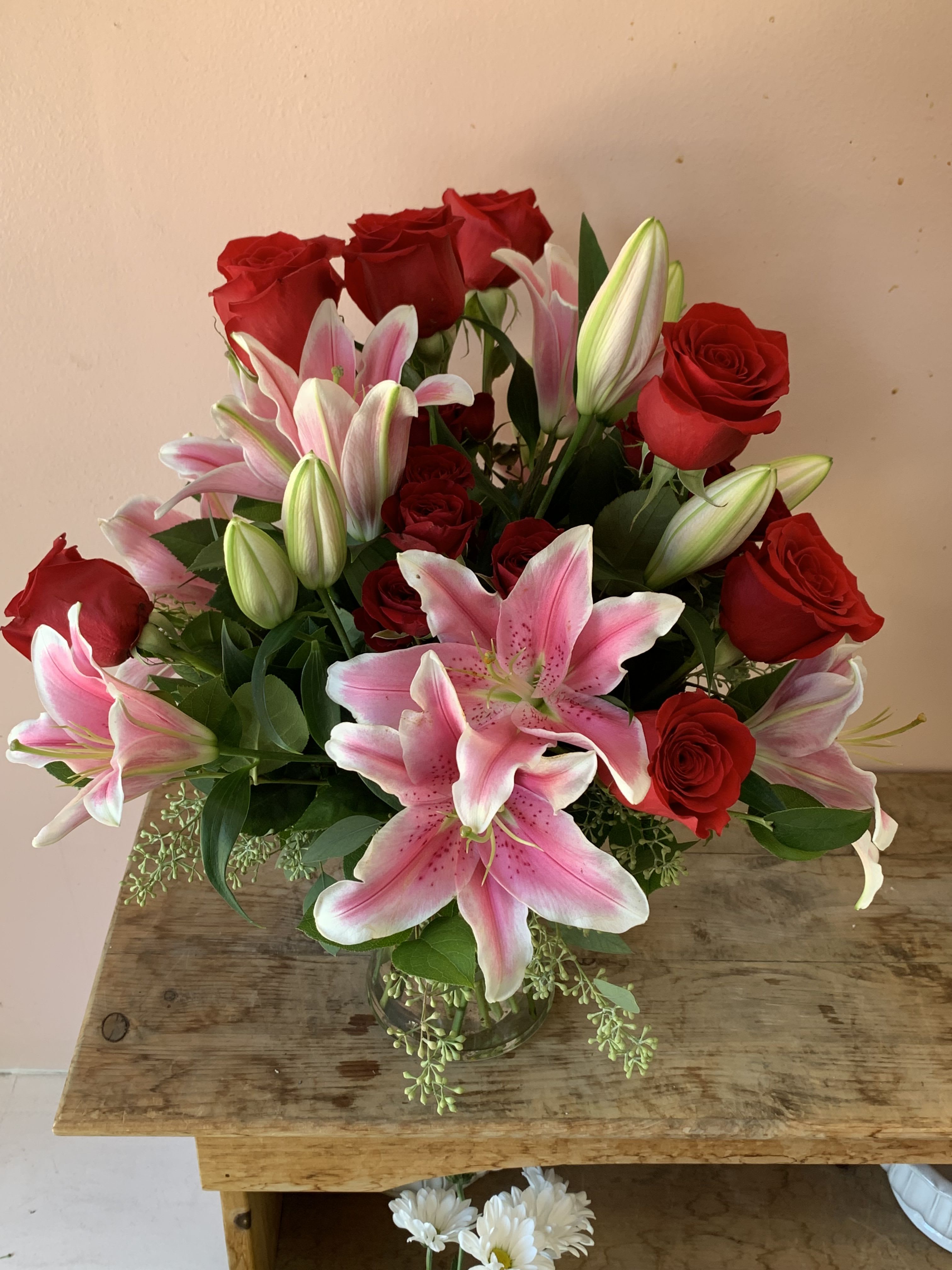 Pink oriental Lilies and Red Roses - W652   