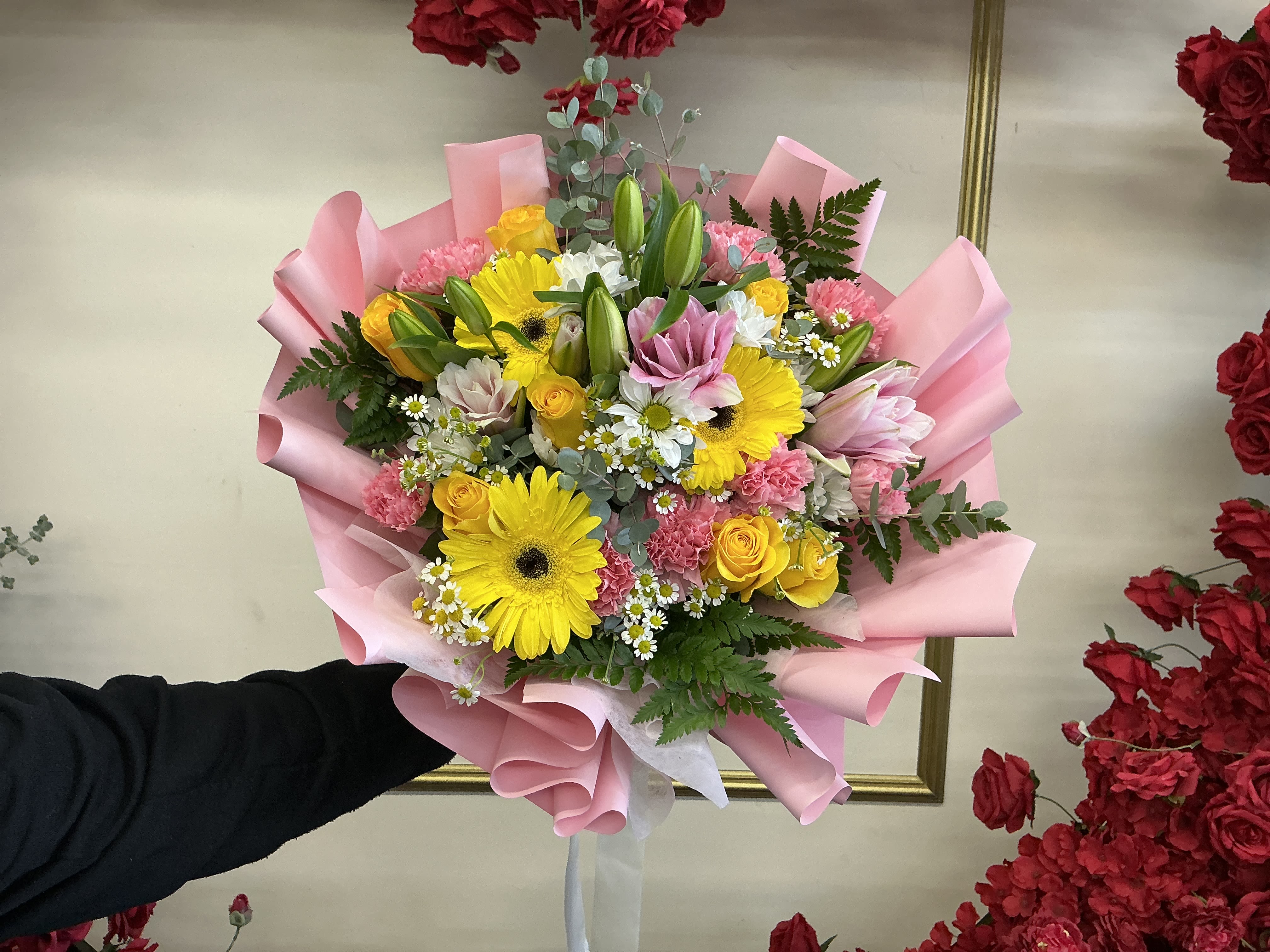 Florist Choice-Spring Pinks & Yellow Wrapped Bqt