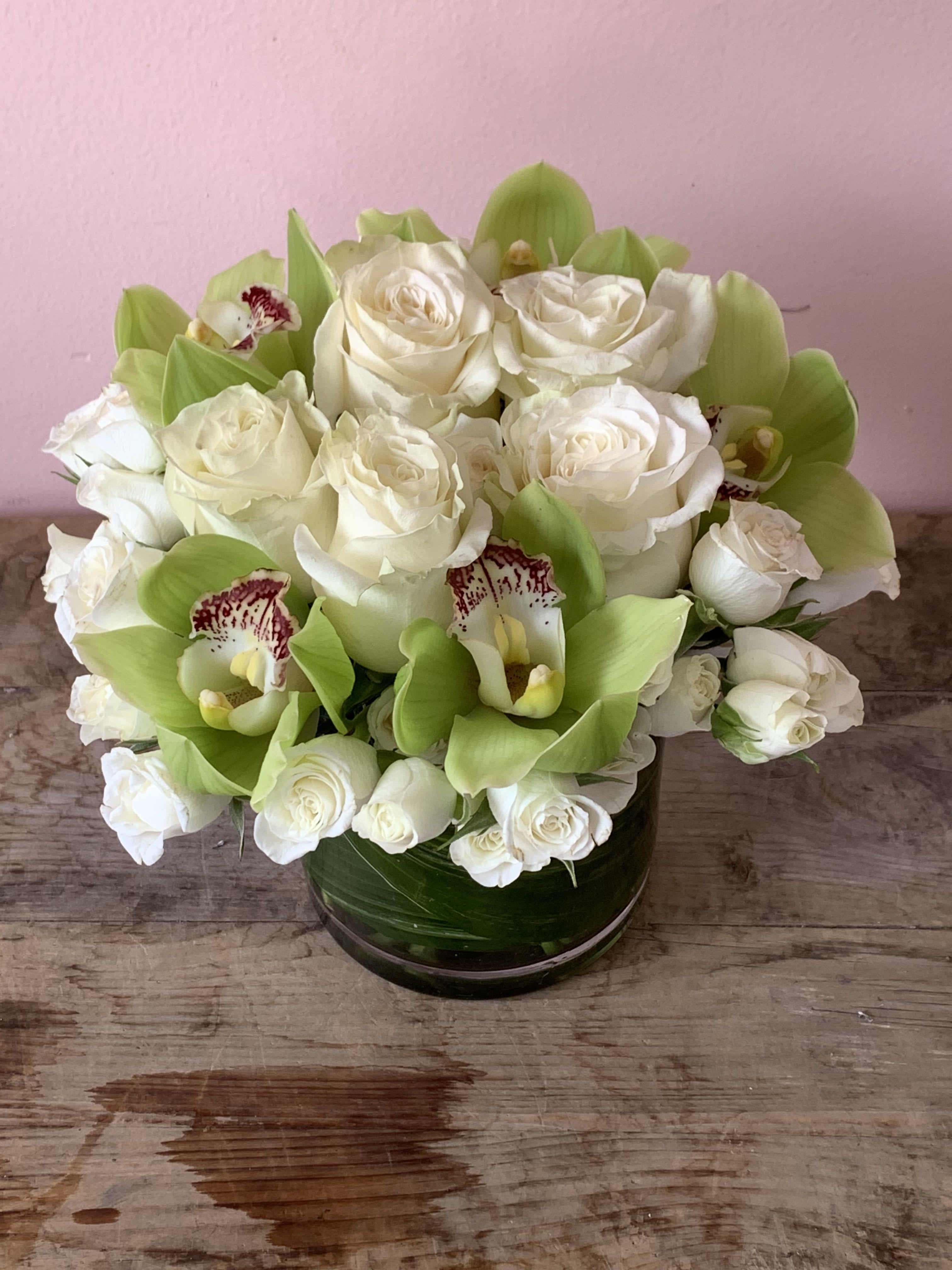 White Roses & Green Cymbidium Orchids - W636