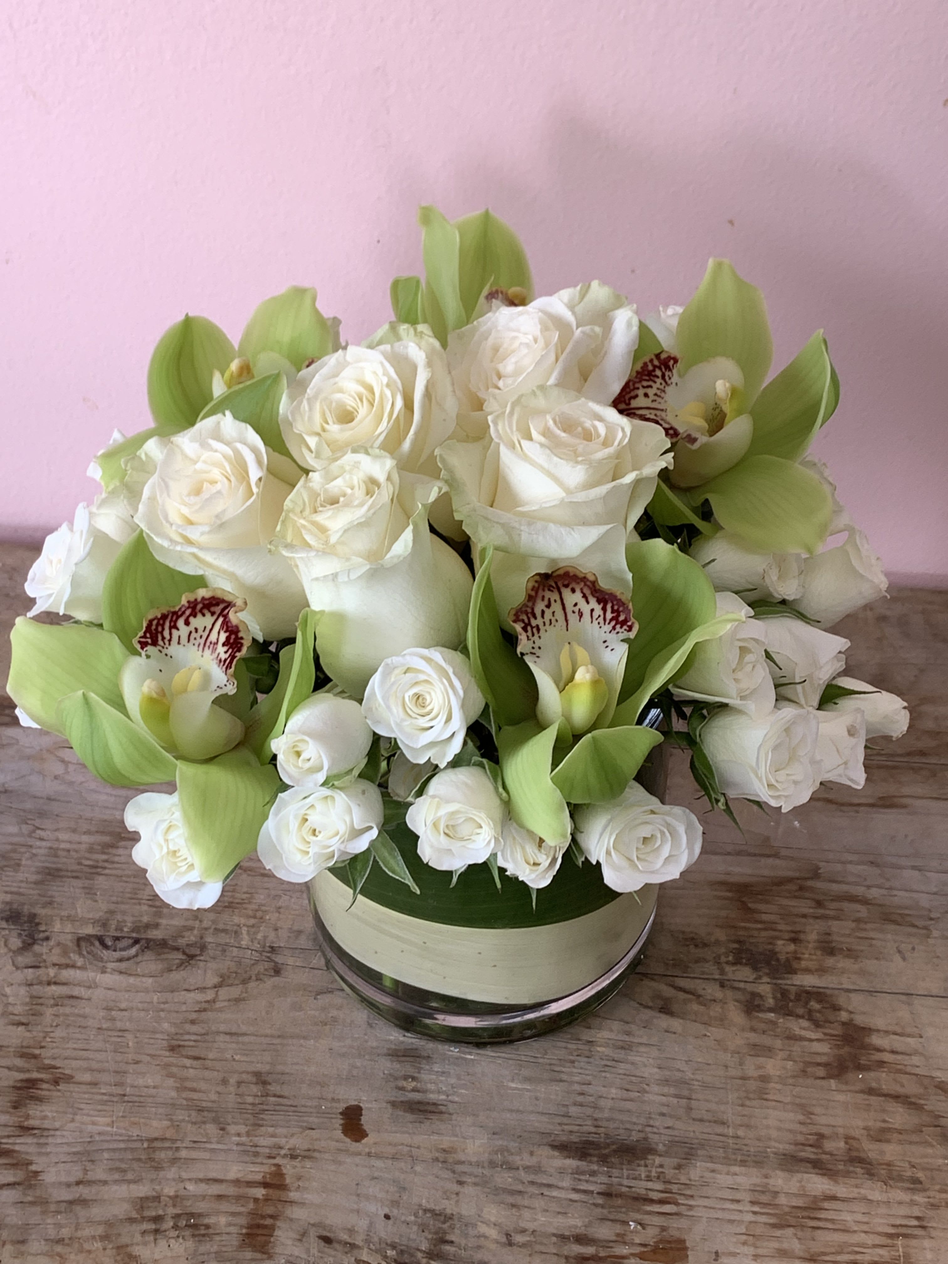 White Roses & Green Cymbidium Orchids - W636