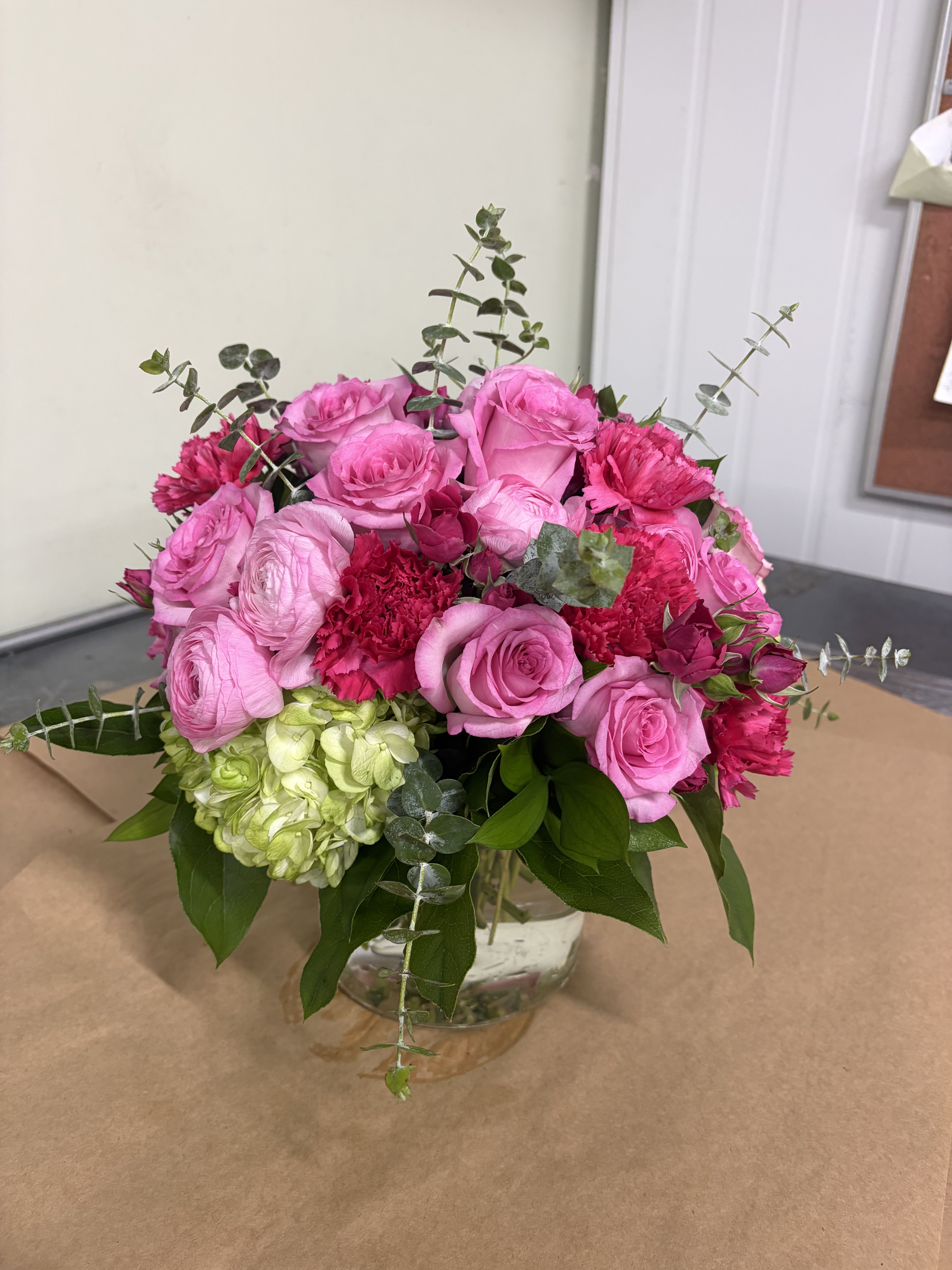 Bashful – Pink Roses, Pink Tulips & Green Hydrangea Cube