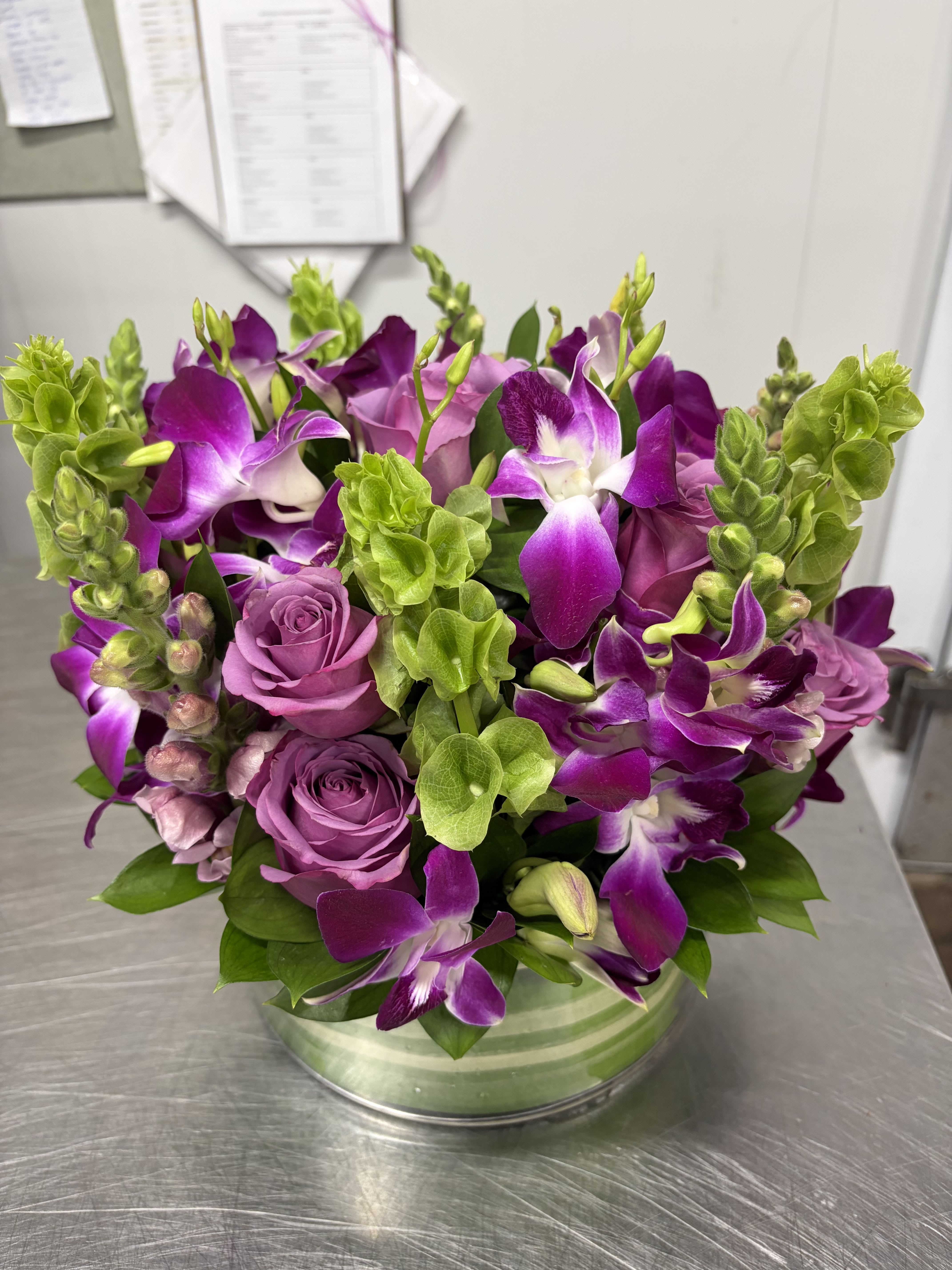 Ornate Orchids – Lavender Roses & Purple Orchid Glass Cylinder