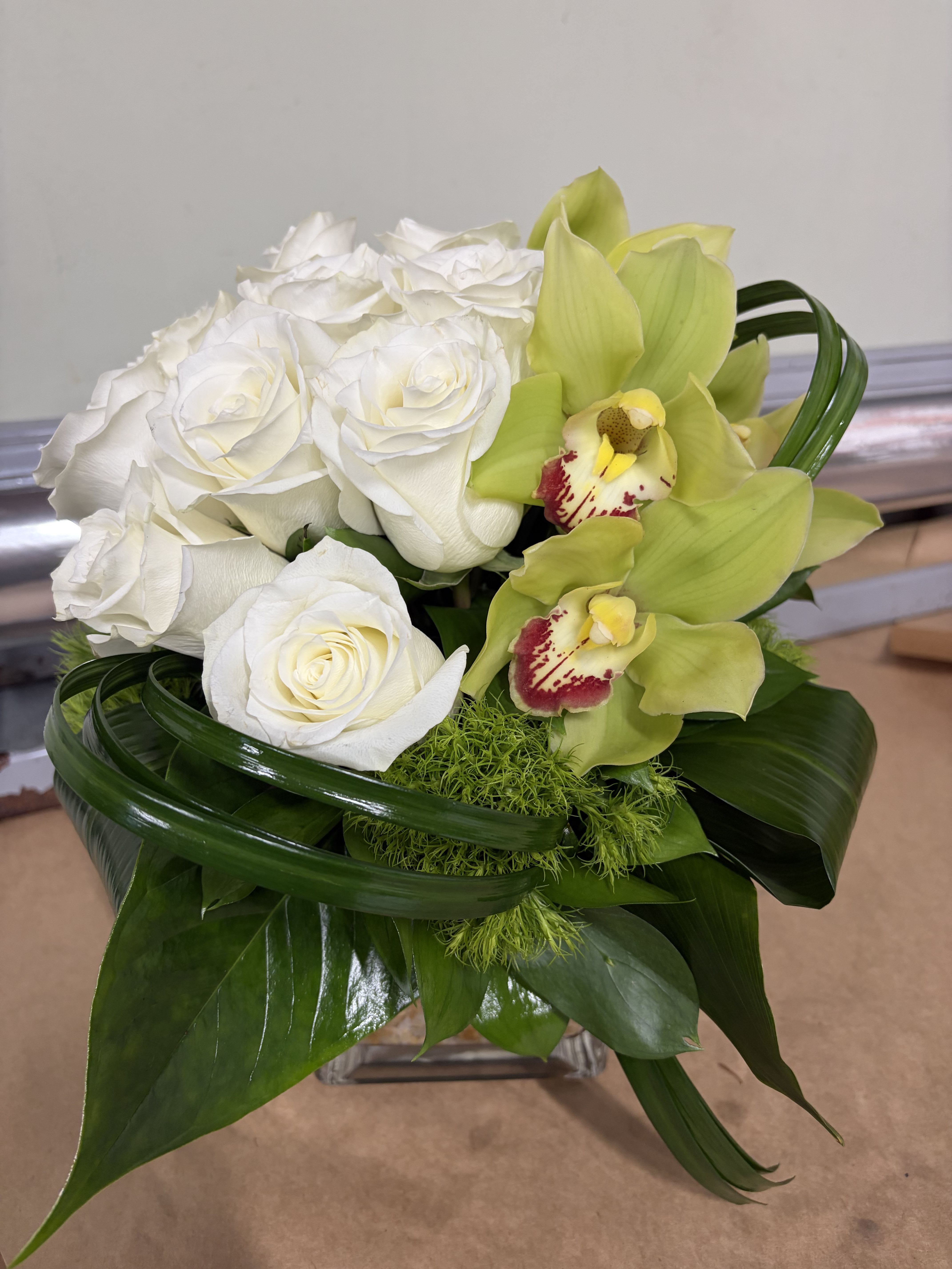 Hawaiian Love – White Rose & Green Cymbidium Orchid Arrangement