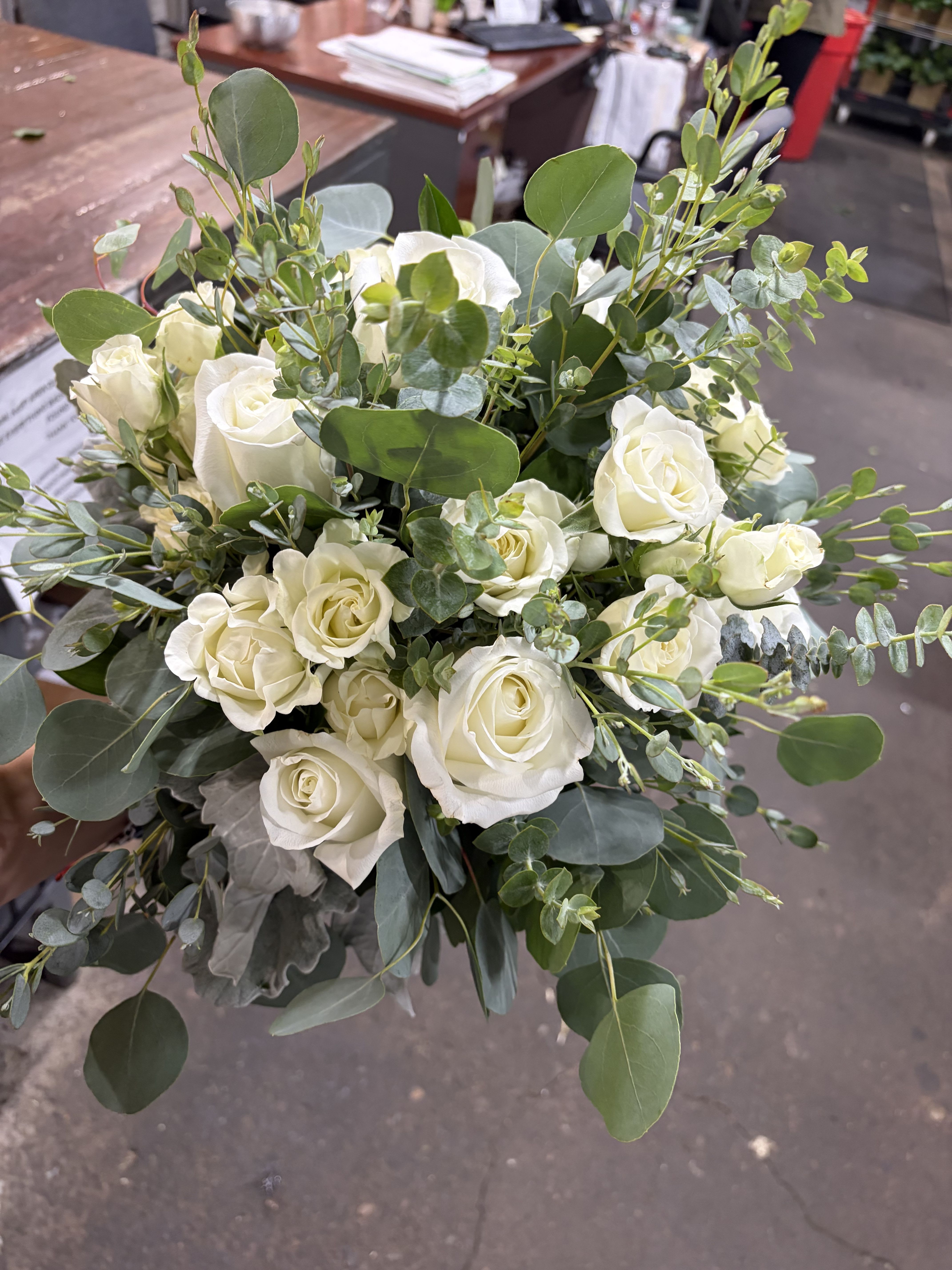 The Love of Eucalyptus – White Roses, Dusty Miller & Mixed Eucalyptus