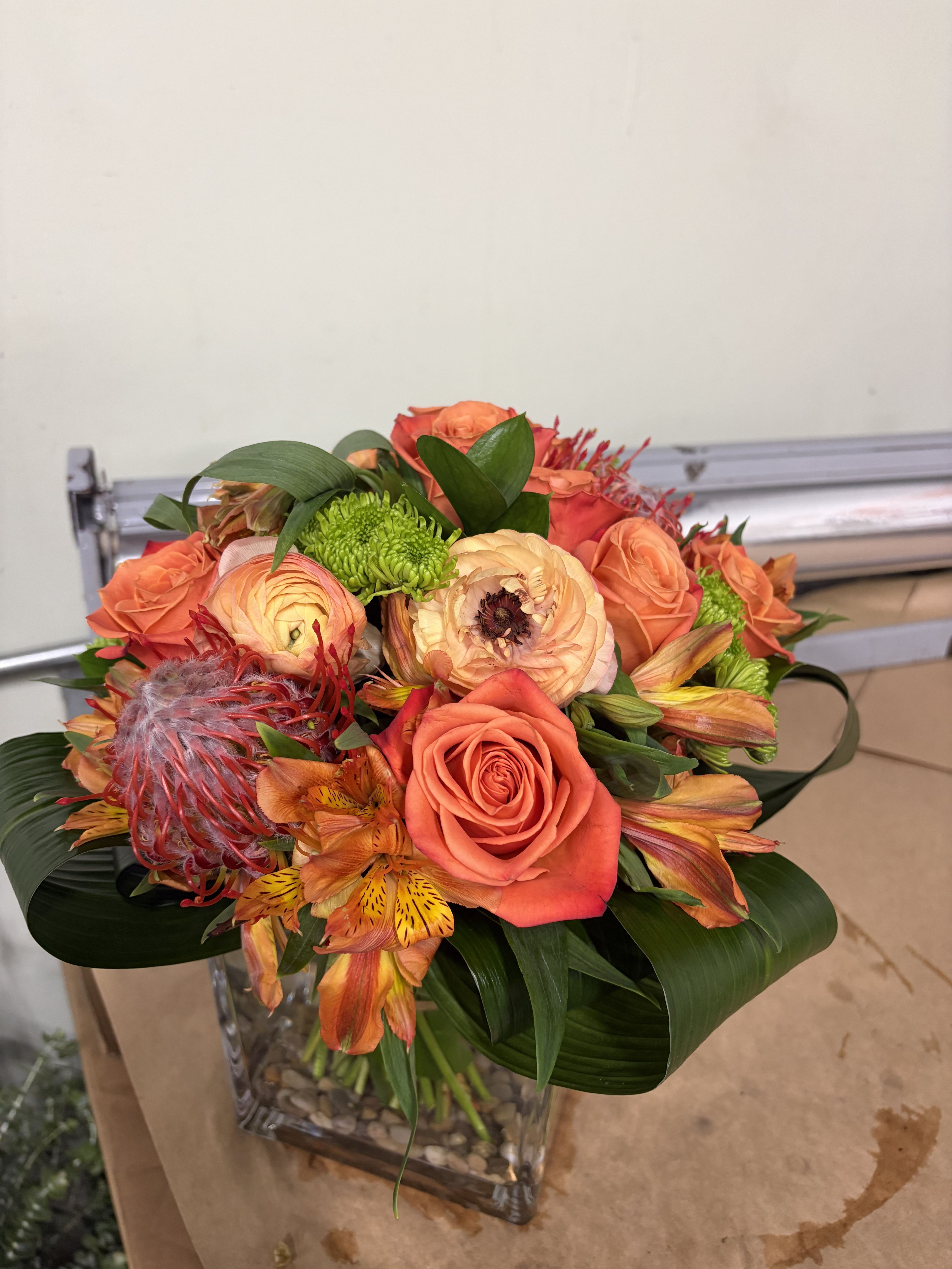 Orange Sherbet – Vibrant Orange Roses & Green Button Mums Cube
