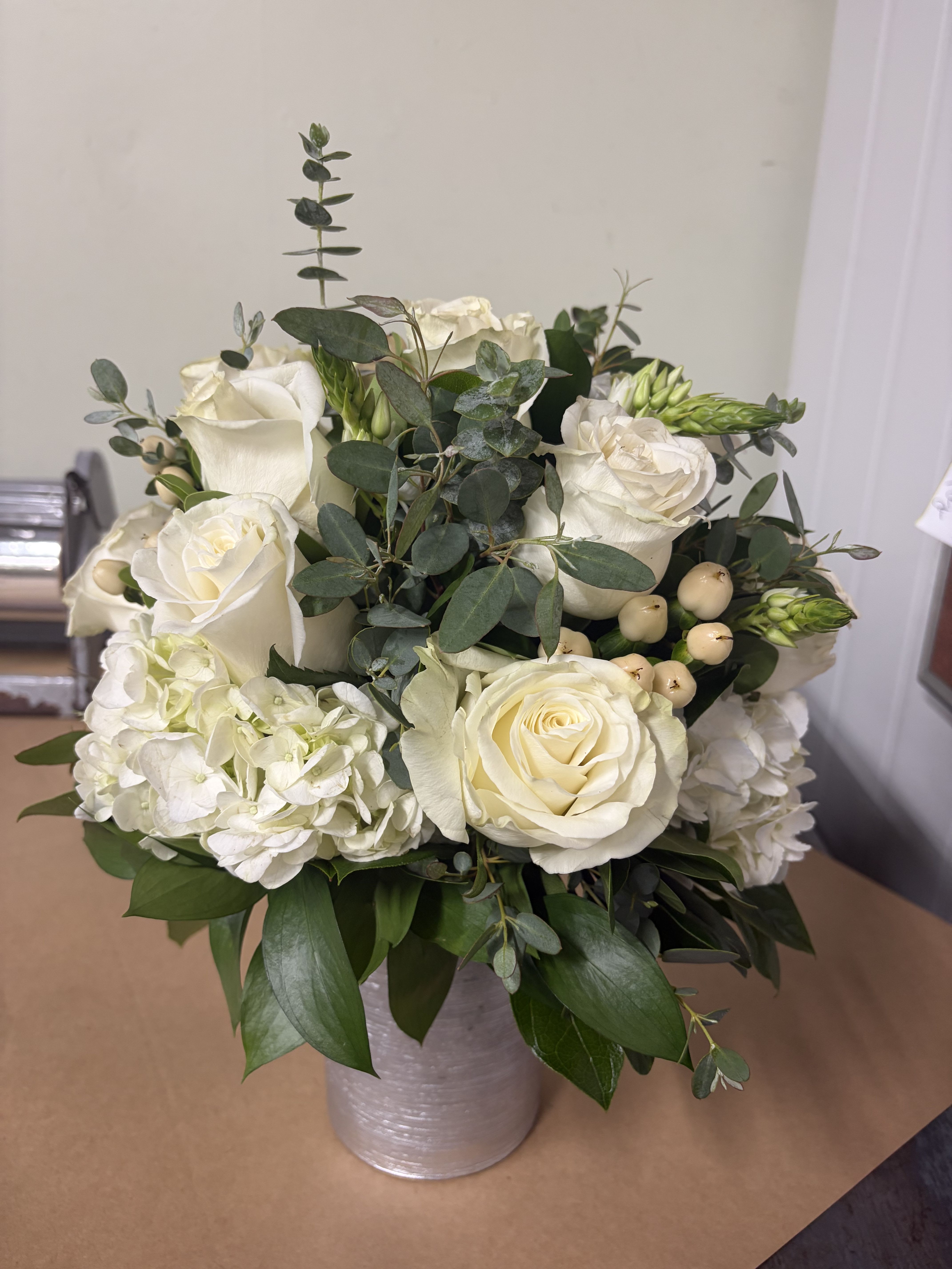 Mercury Love – Cream Roses & White Hydrangea Mercury Glass Vase