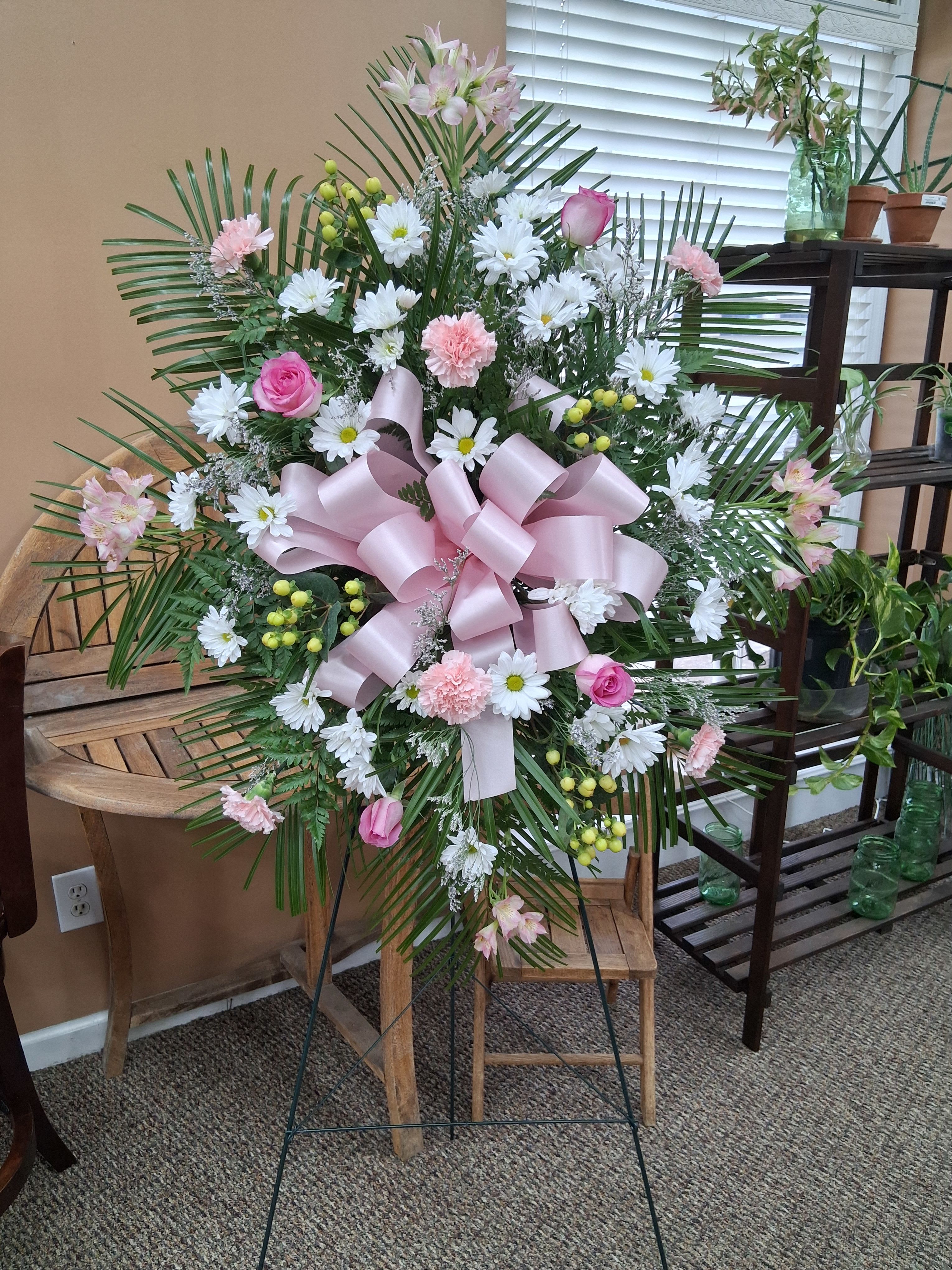 SAE29 Standing easel spray Whites & Pinks- Huntsville sympathy delivery