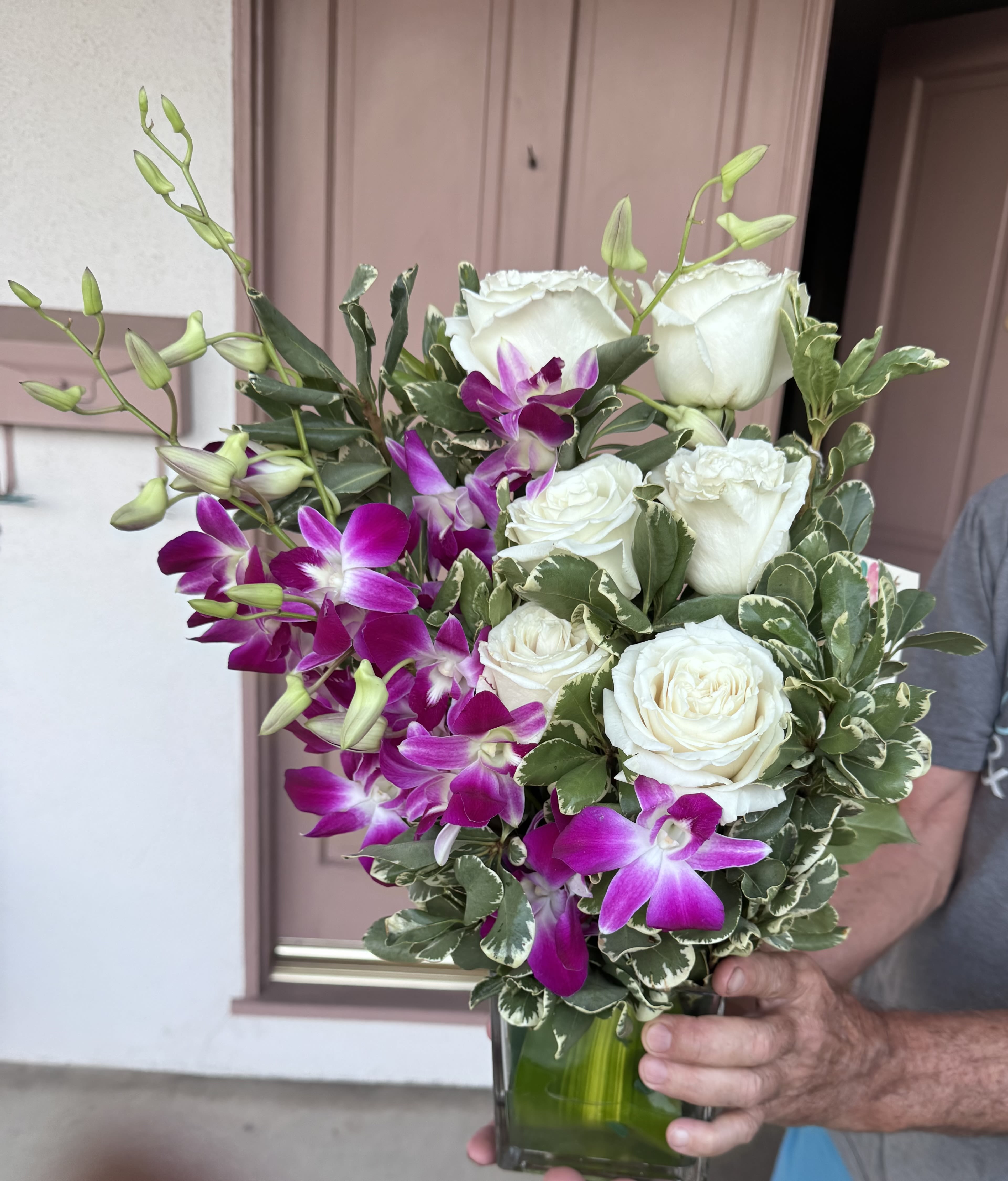 Cream White  Roses And Exotic Purple Orchids Cube Vase