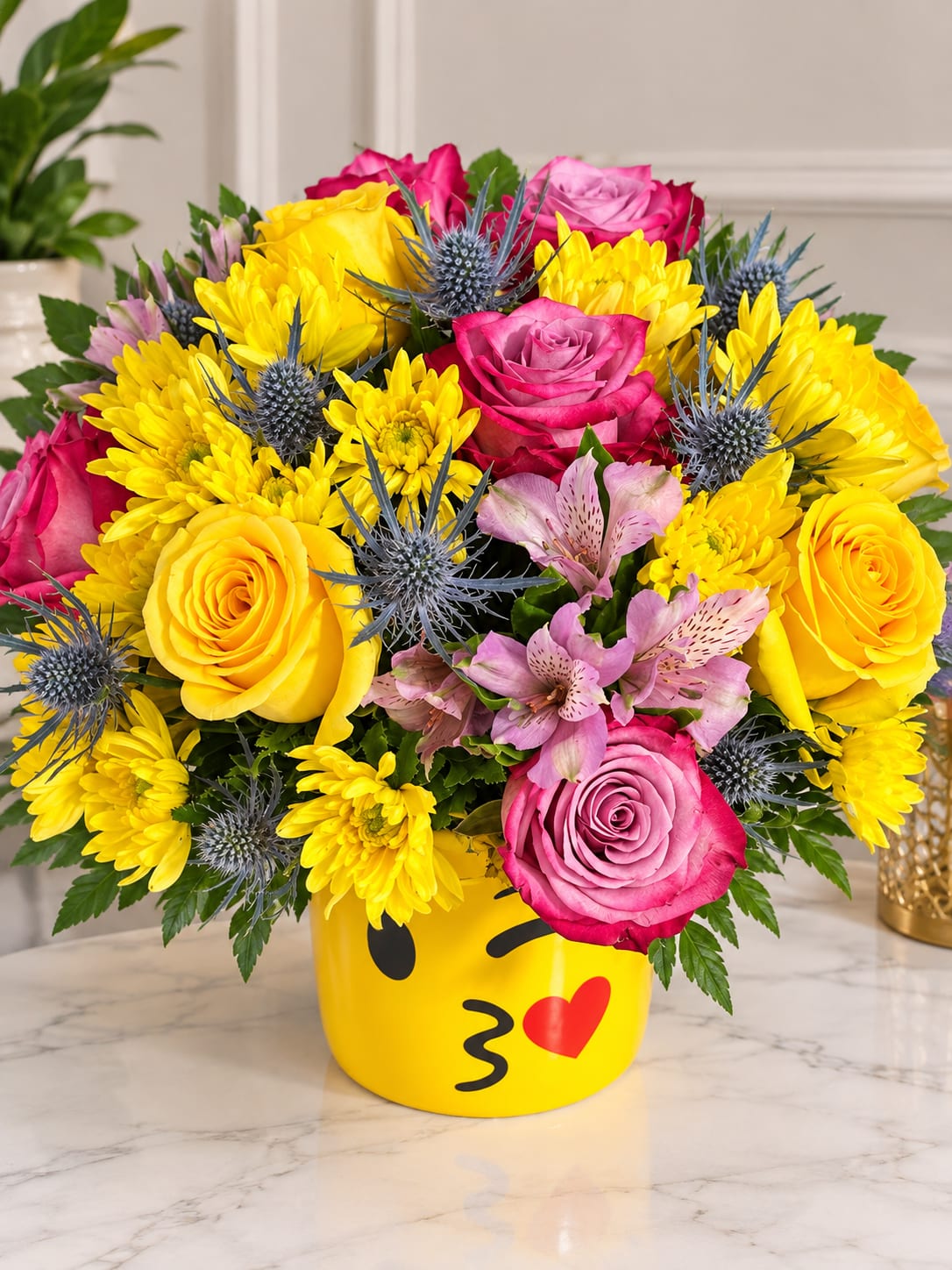 Yellow and Red Rose and Daisy Bouquet in Ceramic Vase