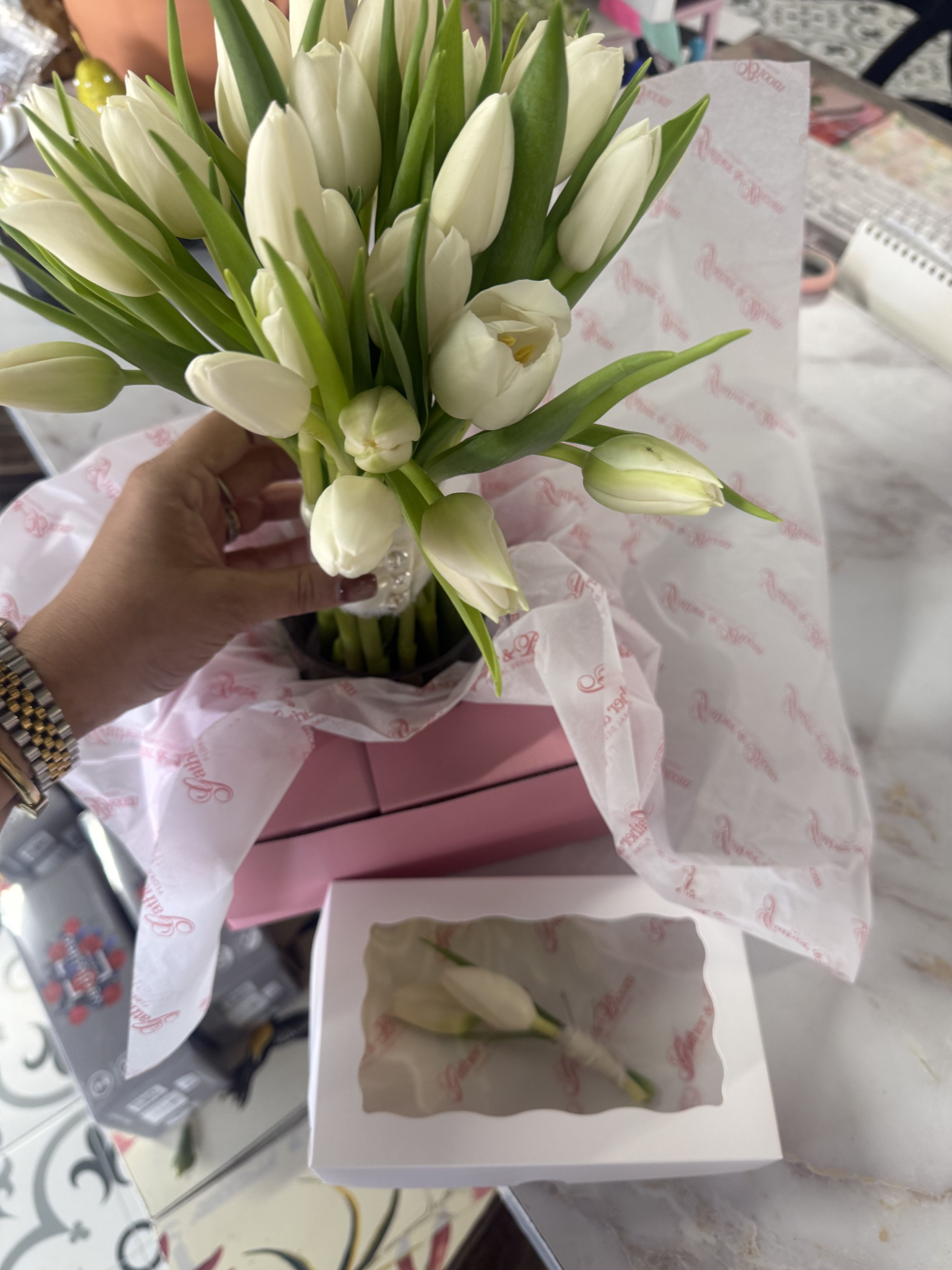 Classic White Tulip Bridal Bouquet & Boutonniere Package