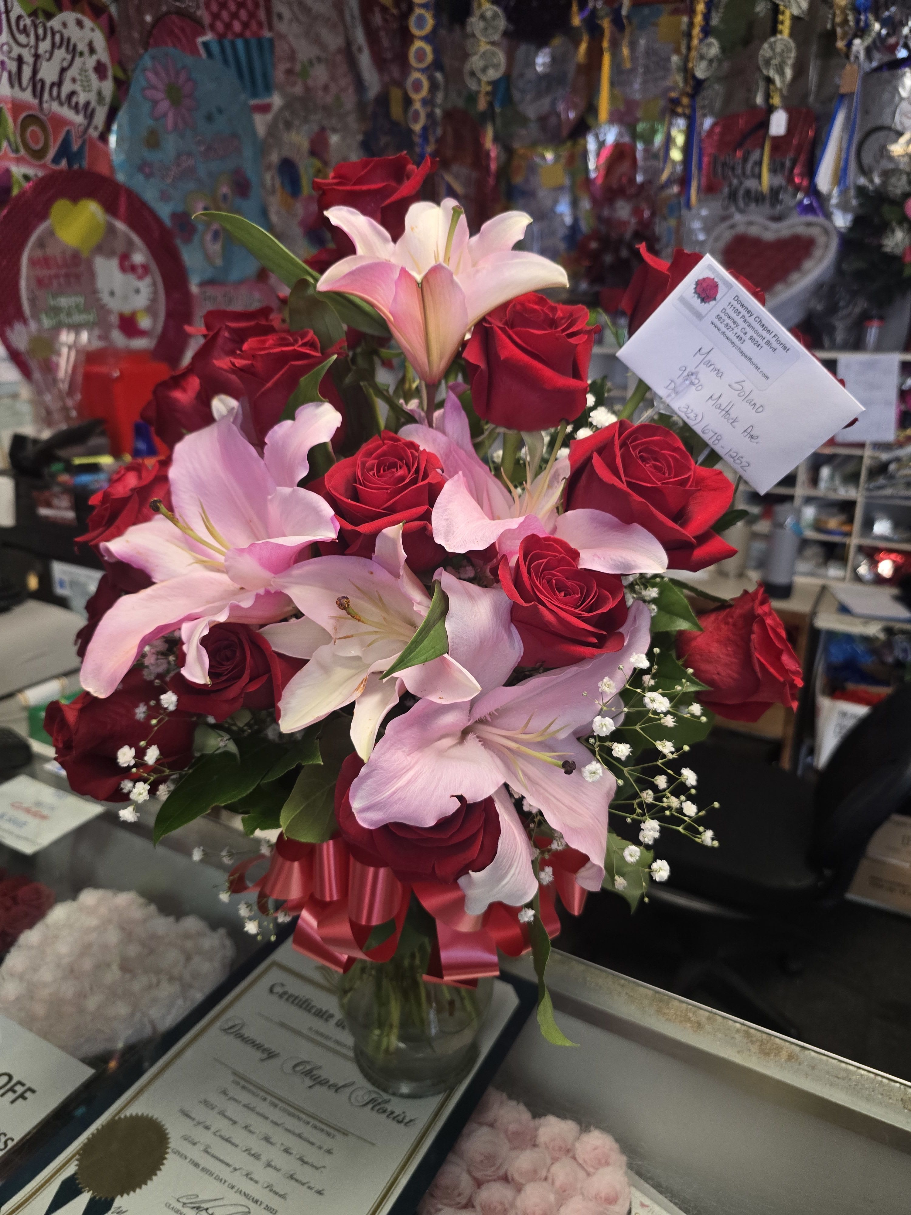 Red Rose with Pink Stargazer Lillies
