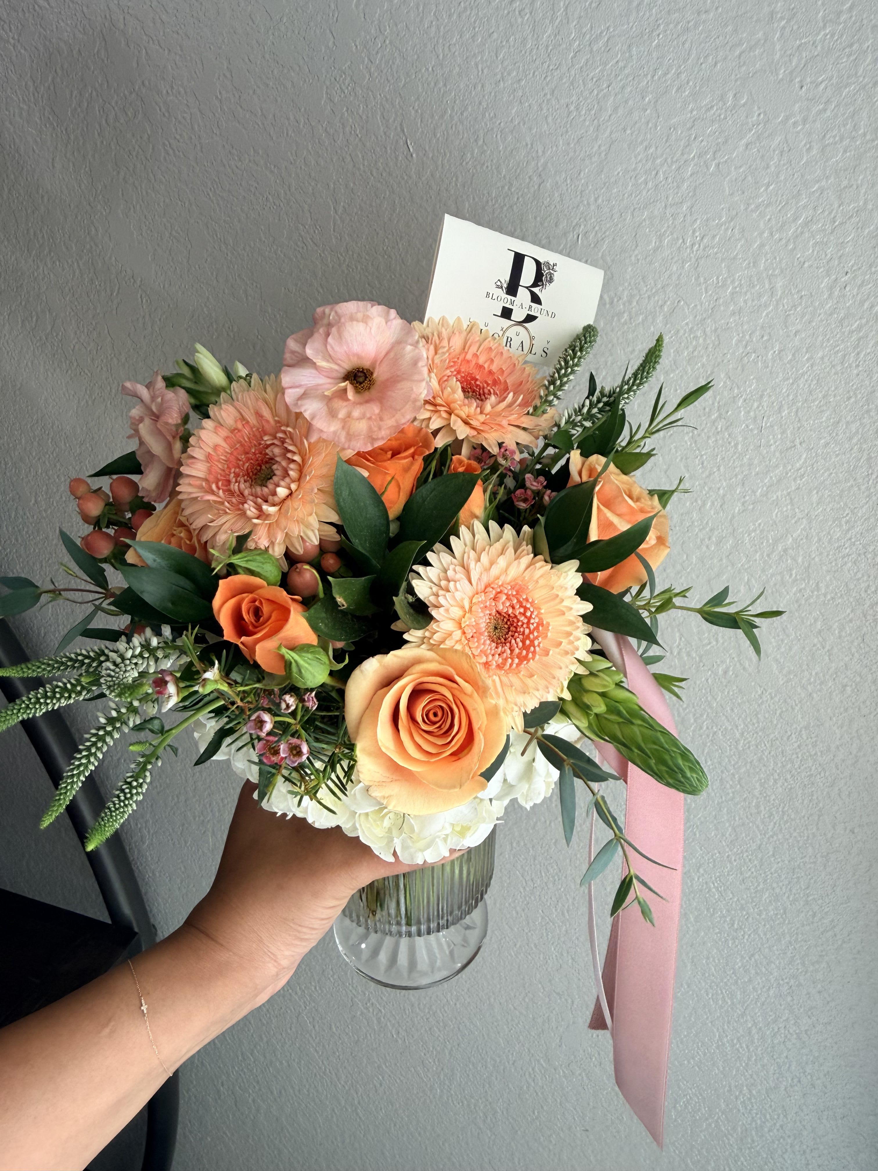 Peach & Coral Garden | DFW Local Florist (Cube Vase Only)