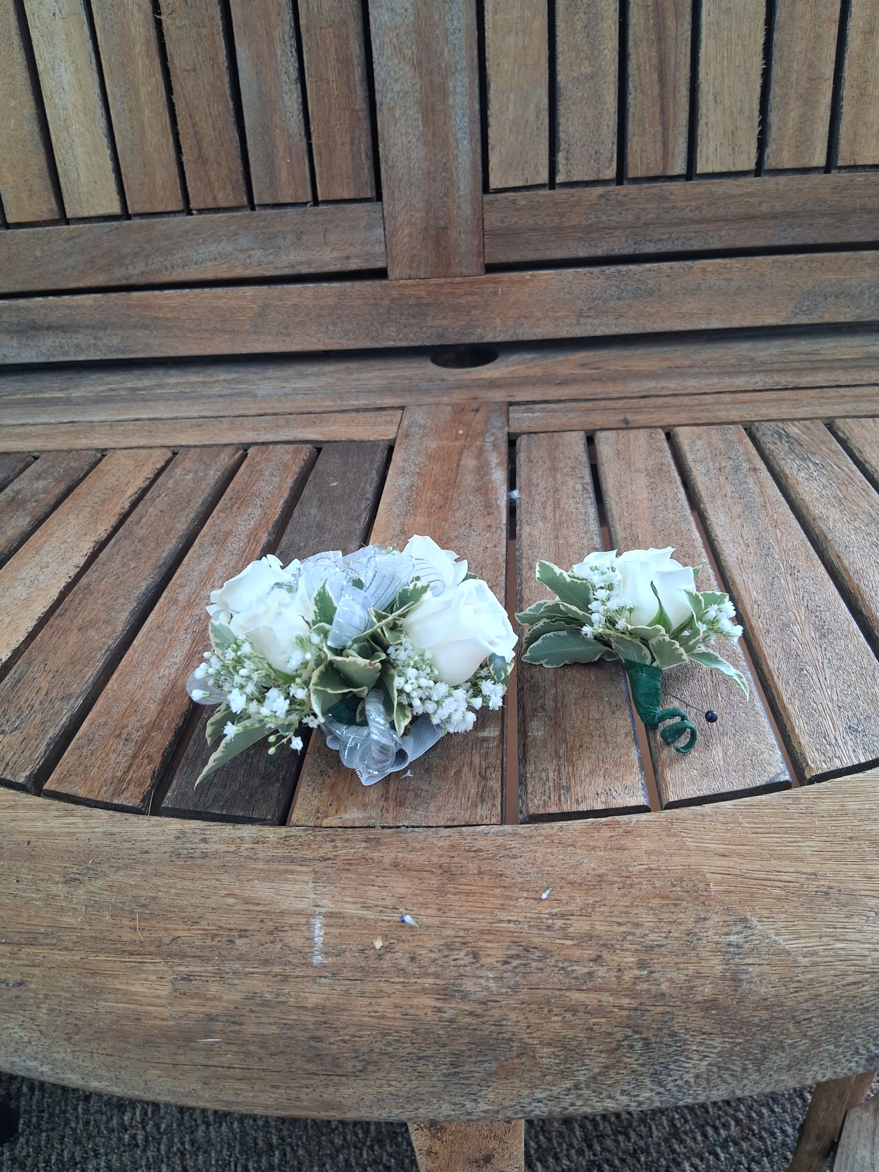 Wrist Corsage With White Spray Rose And Silver Ribbon