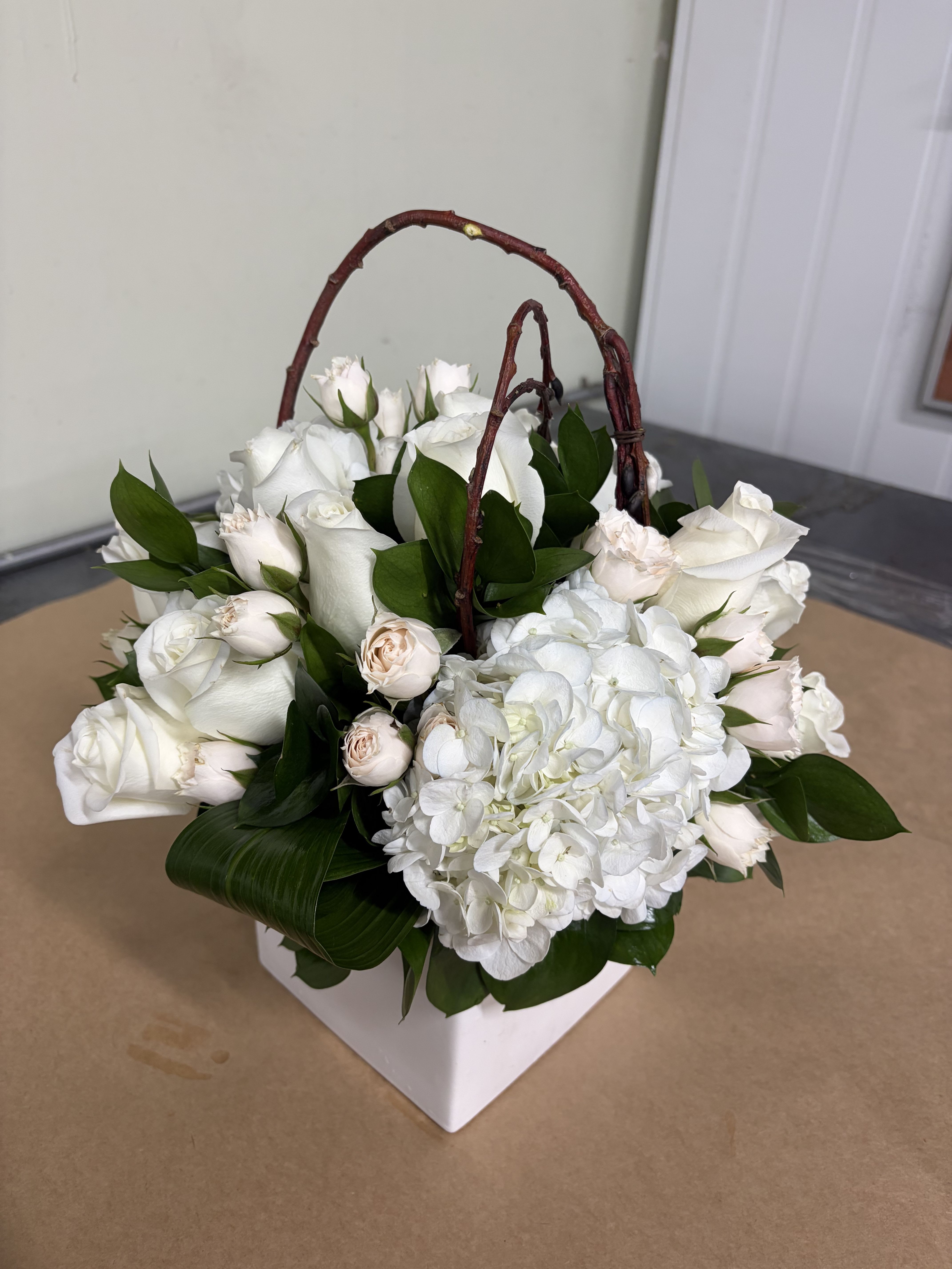 Forest Fresh – White Roses & White Tulips Cube Arrangement
