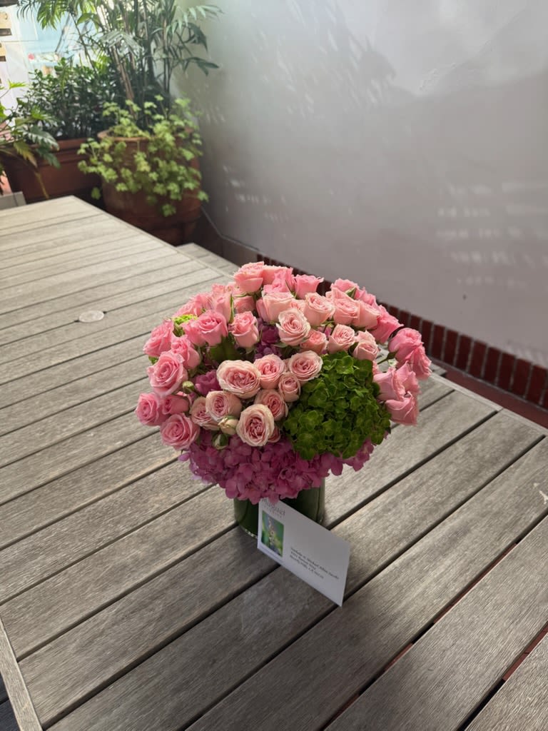 A Love Medley: Blending Pink and Red Roses with Graceful Pink Hydrangea