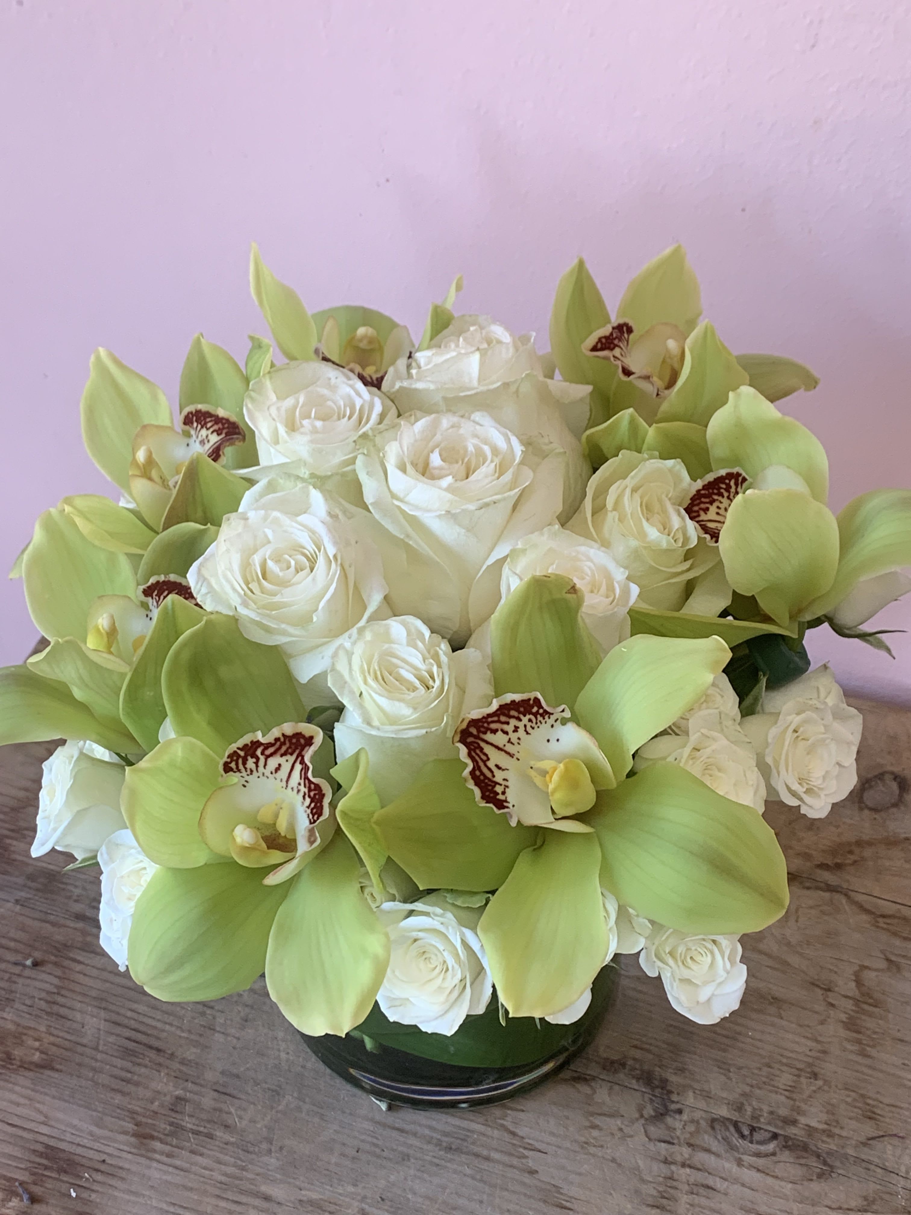 White Roses & Green Cymbidium Orchids - W636