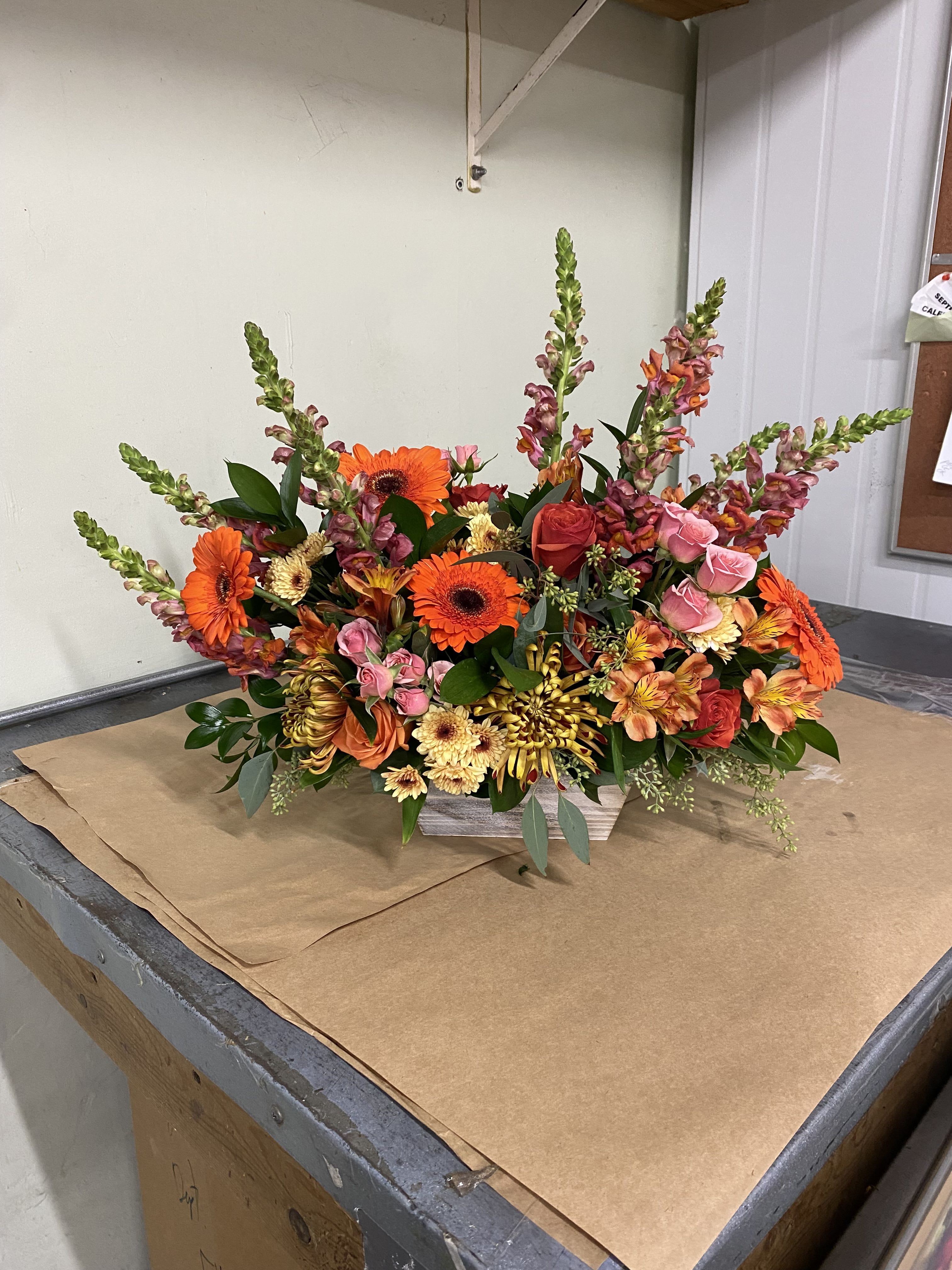 Citrus – Warm Peach & Orange Wildflower Wooden Box Arrangement