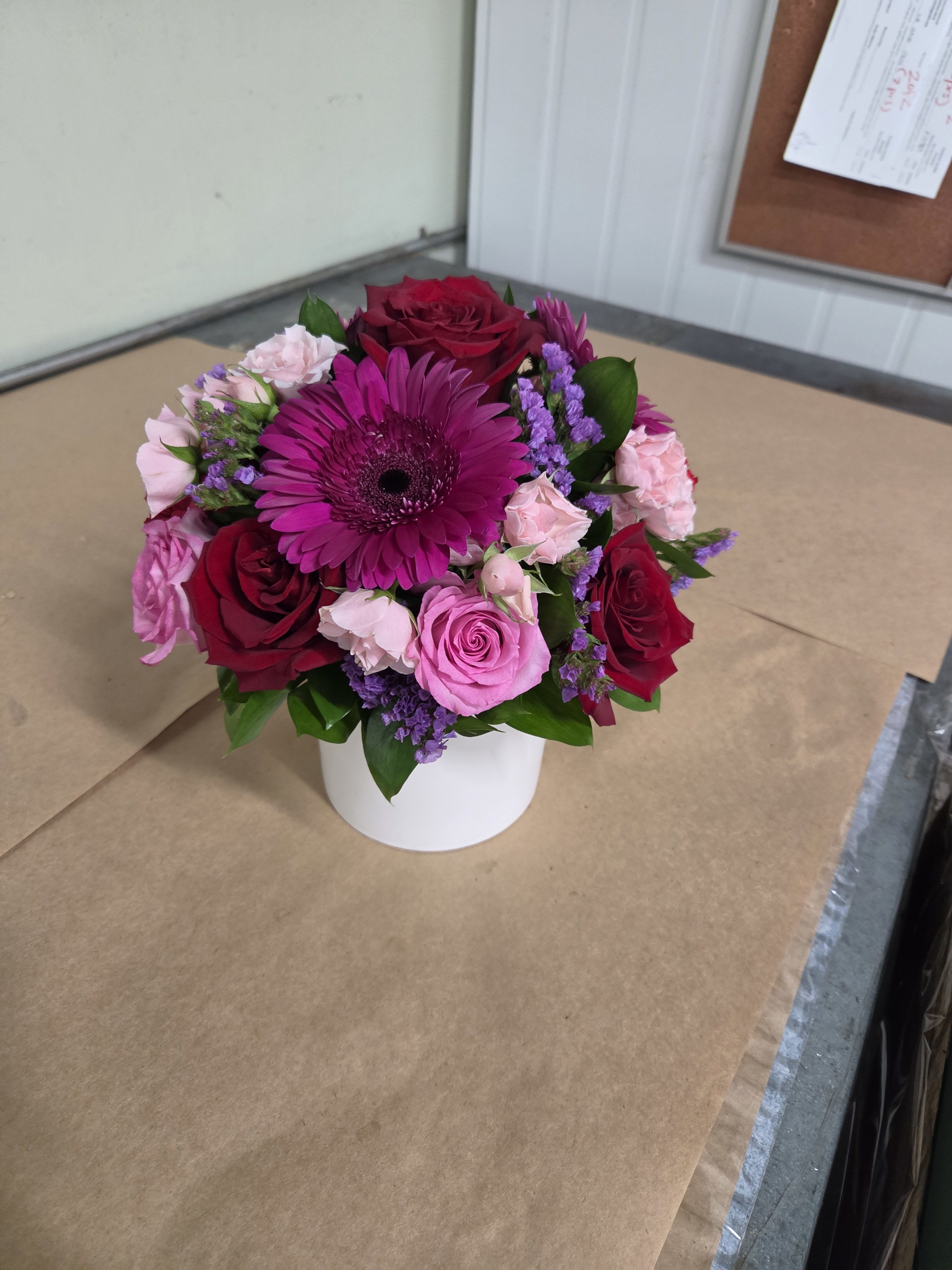 Simple Beauty – Deep Red Roses, Hot Pink Gerbera & Carnation Cube