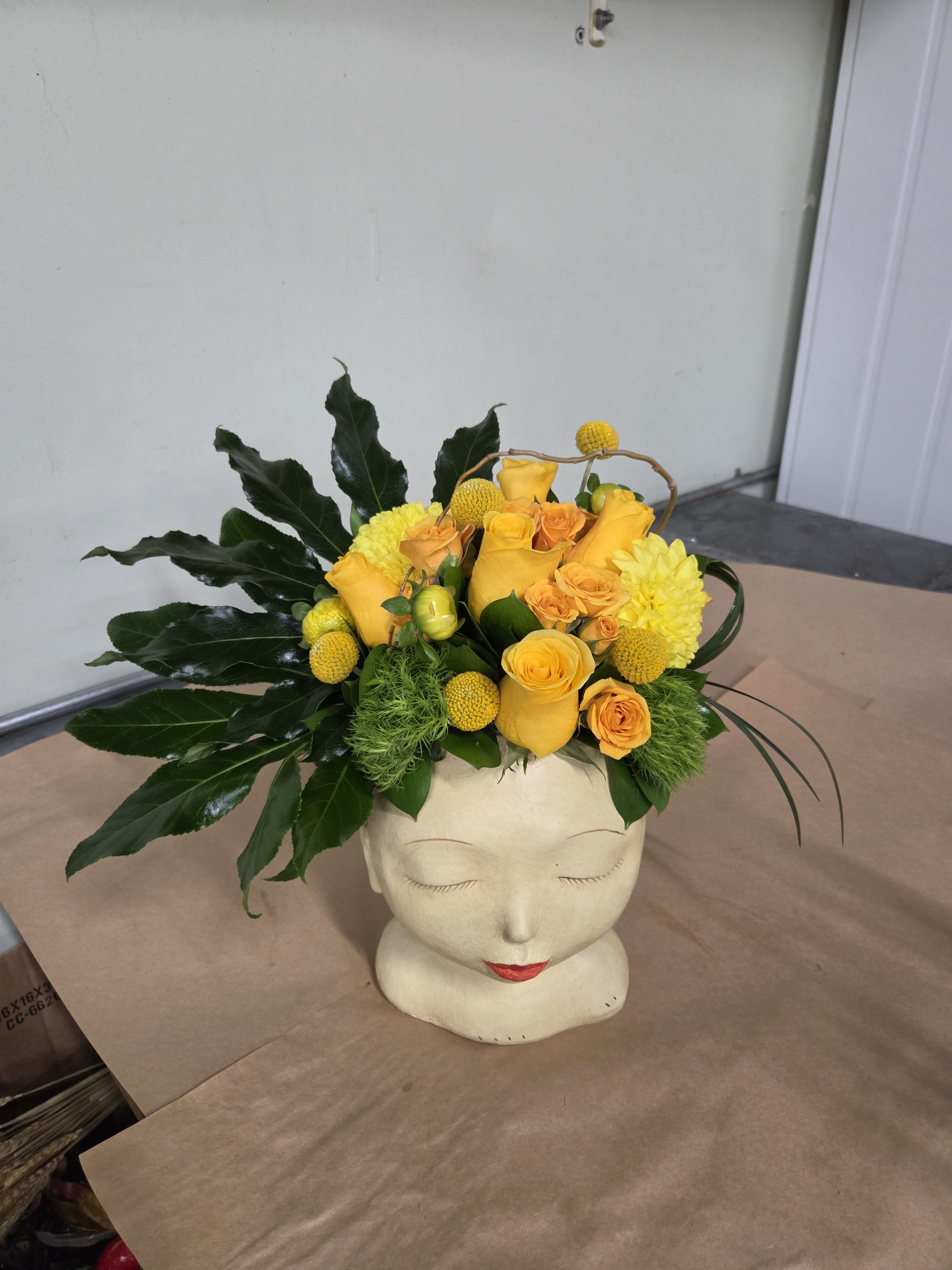 Sunny Days – Yellow Lilies, Bright Yellow Roses & Green Trick Dianthus in Head Planter
