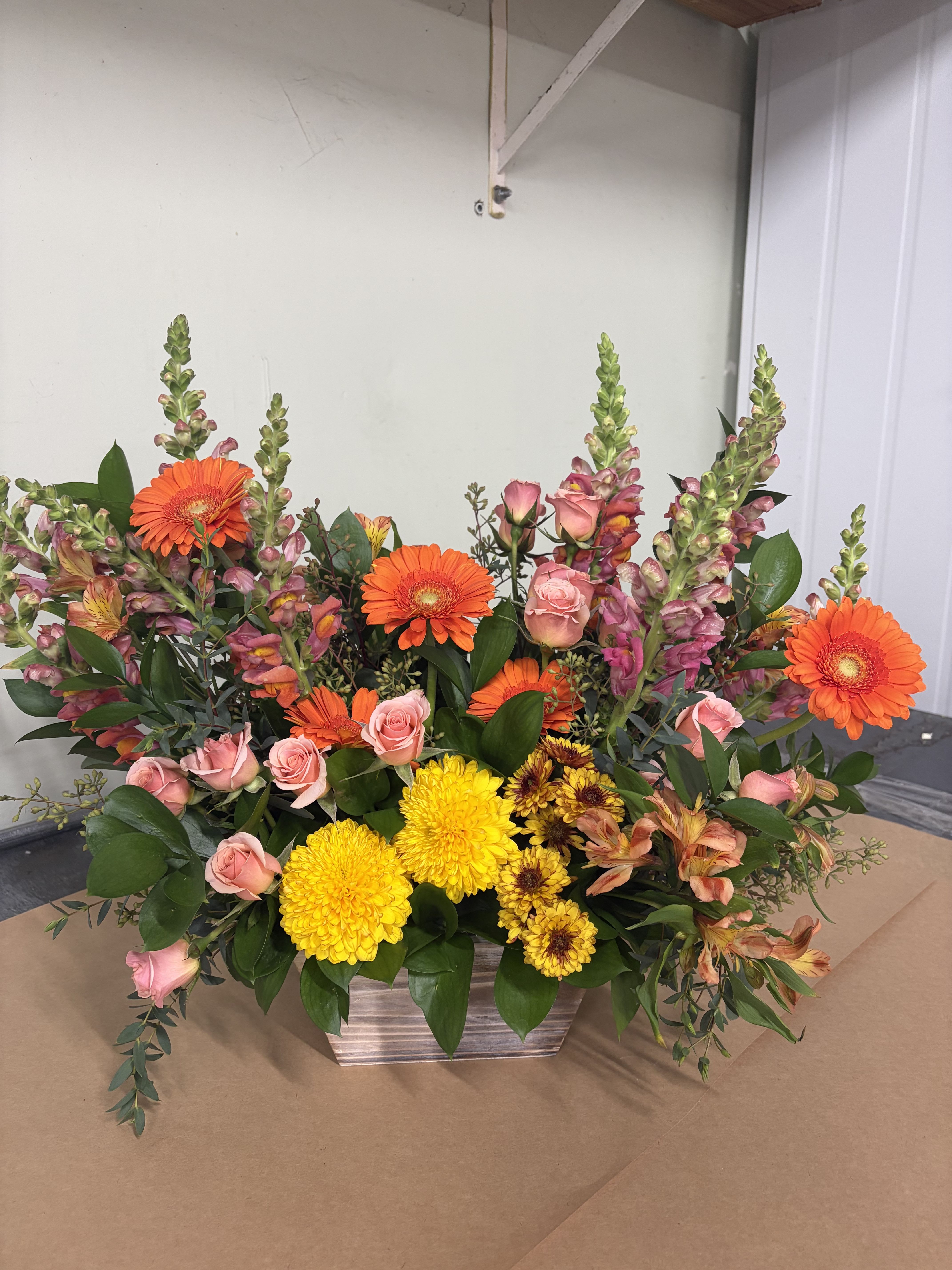 Citrus – Warm Peach & Orange Wildflower Wooden Box Arrangement