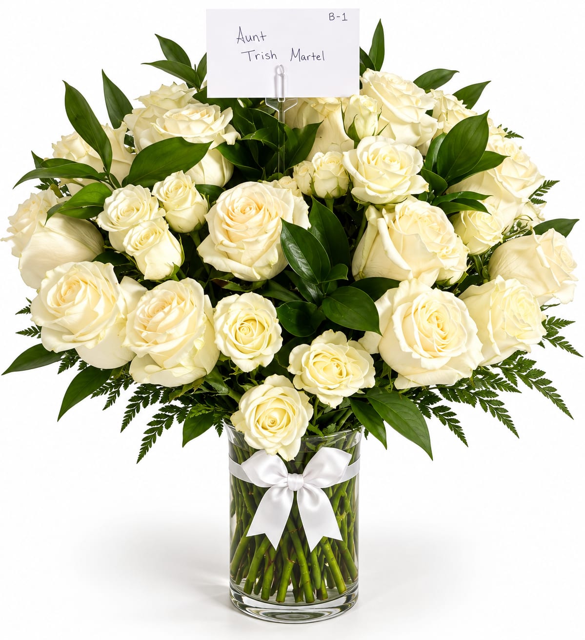 Two Dozen White Rose Arrangement in Clear Glass Vase