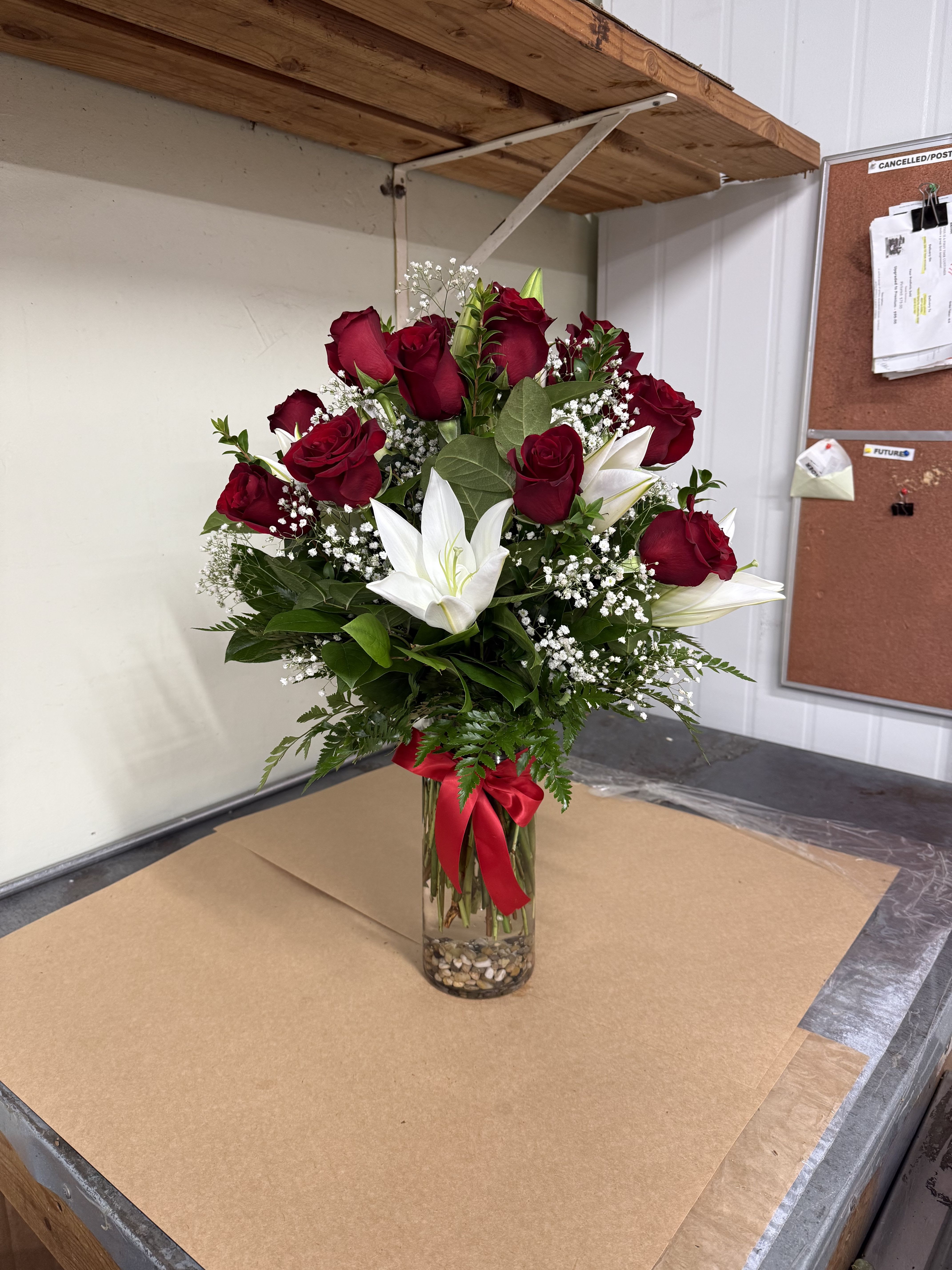 Red Romance – Classic Red Roses & Stargazer Lilies in Glass Vase