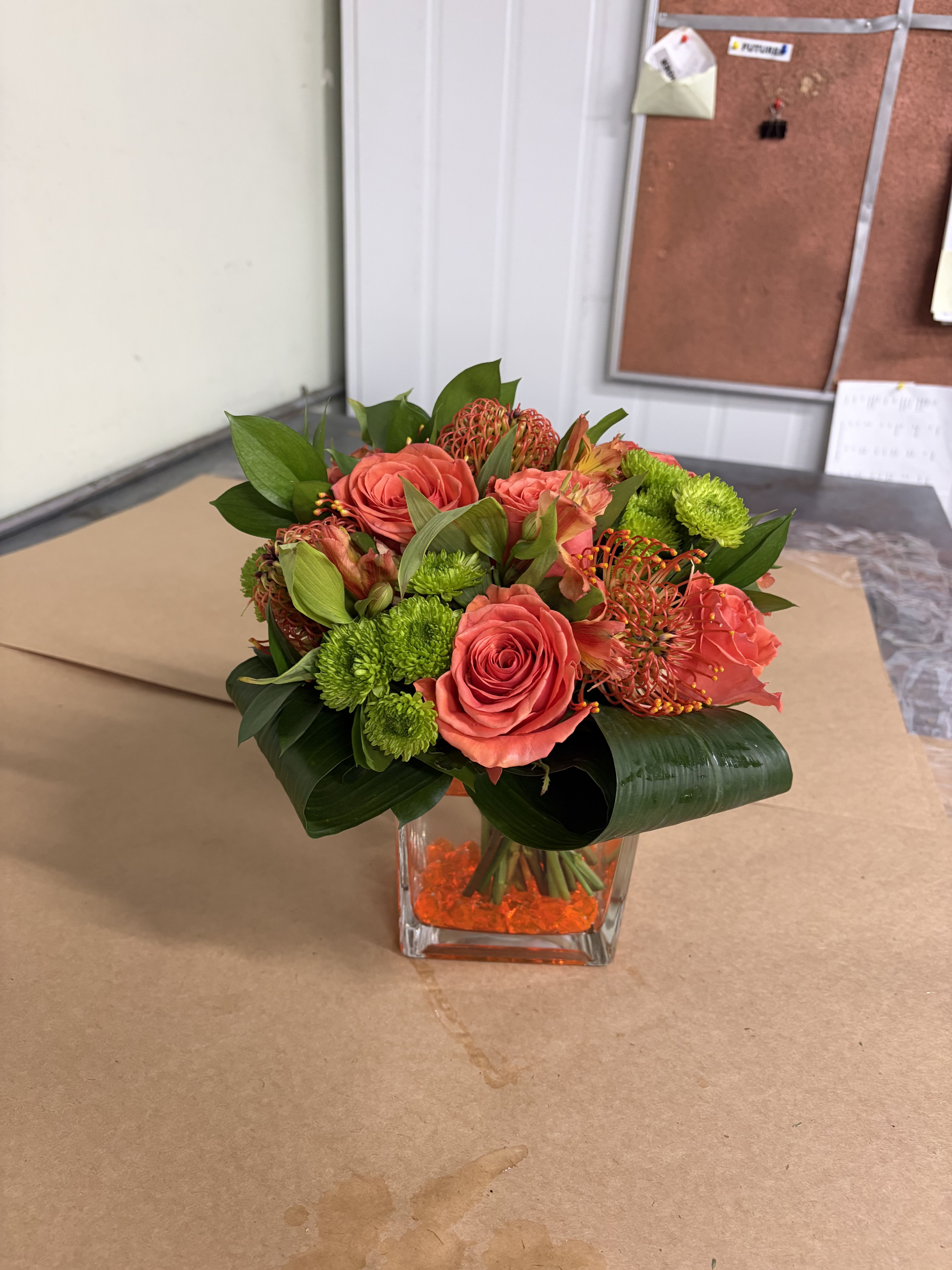 Orange Sherbet – Vibrant Orange Roses & Green Button Mums Cube