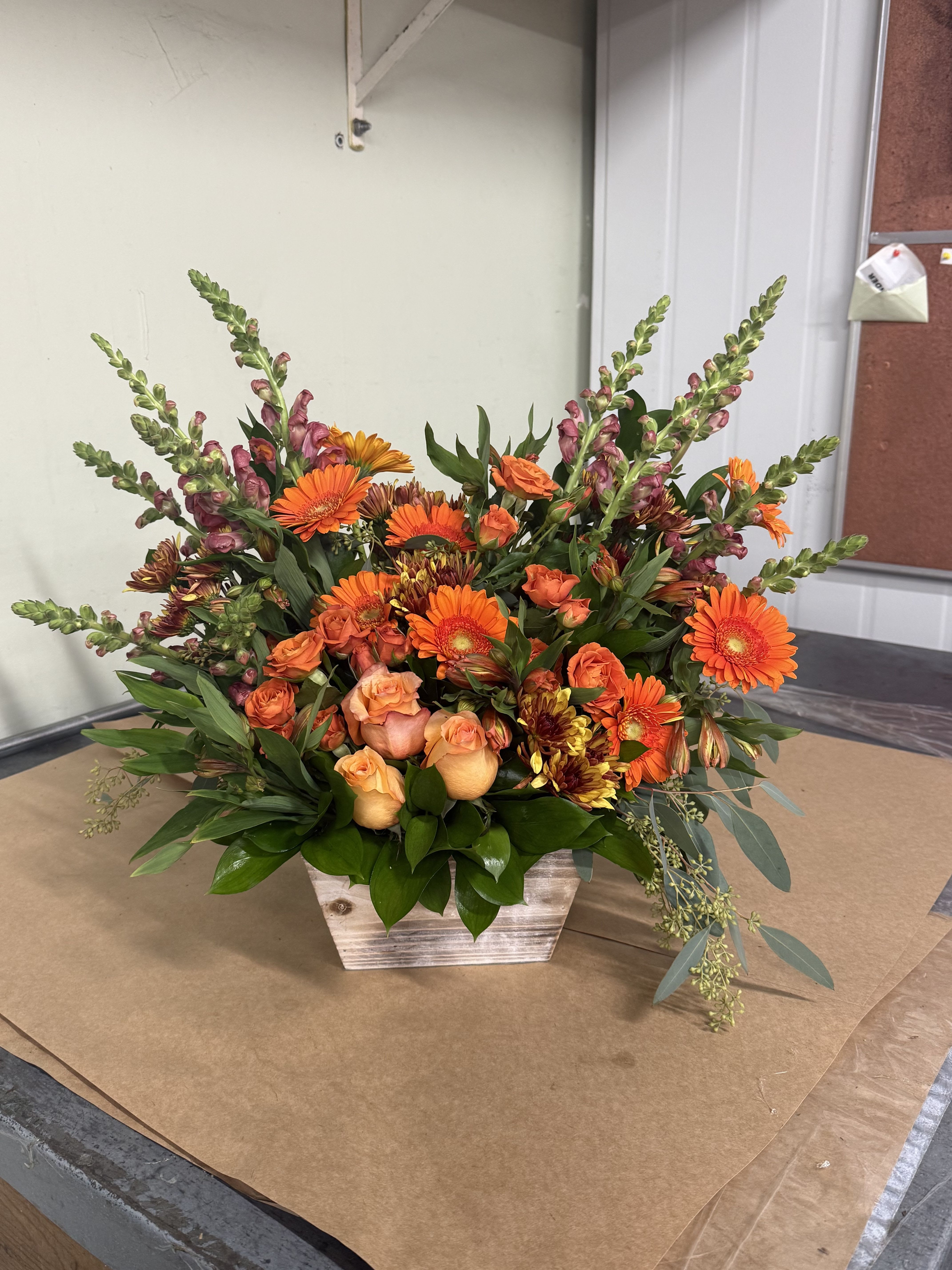Citrus – Warm Peach & Orange Wildflower Wooden Box Arrangement