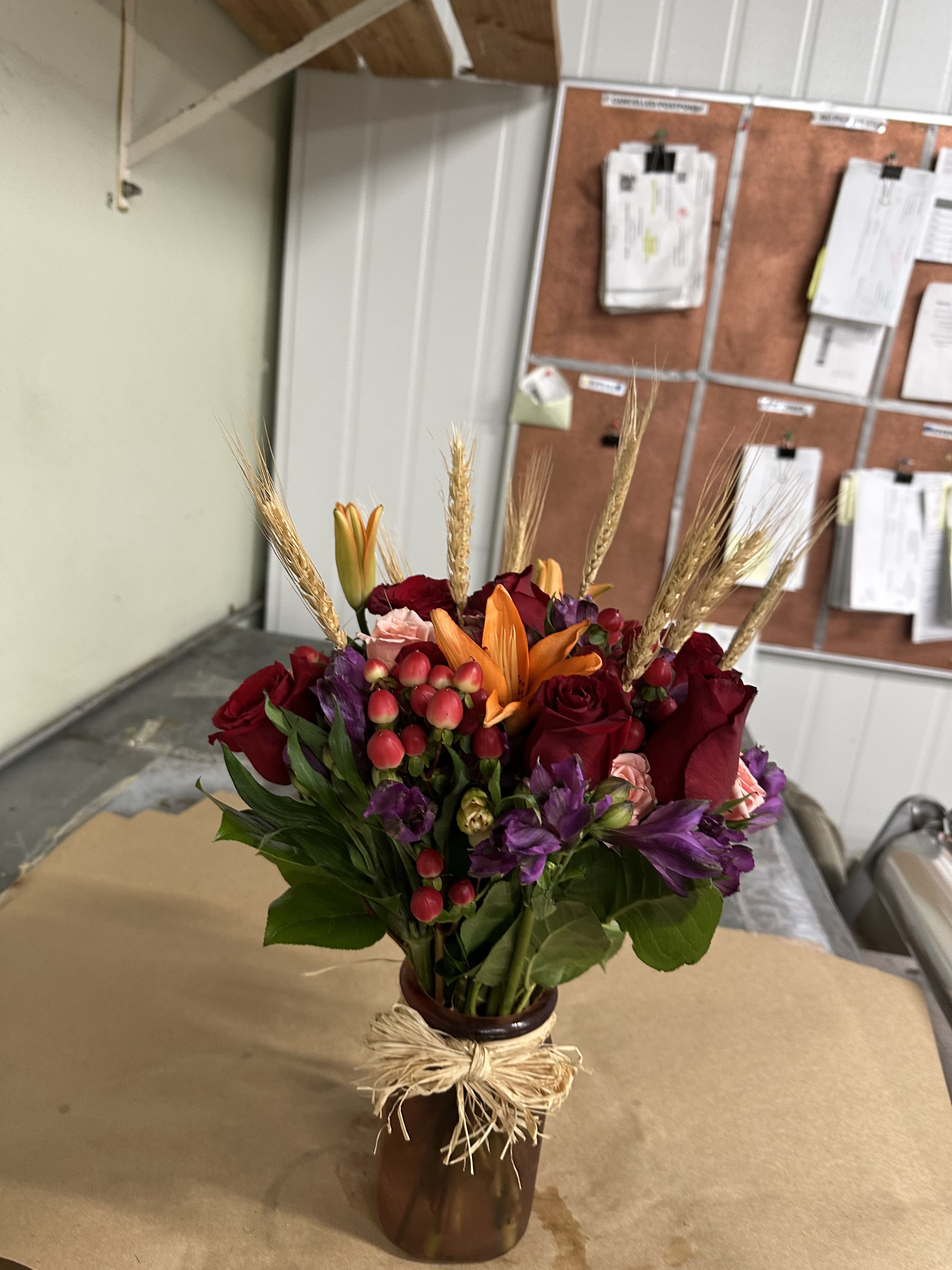 Autumn Harvest Mason Jar Arrangement – Red Roses, Peach Spray Roses & Dried Wheat Accent