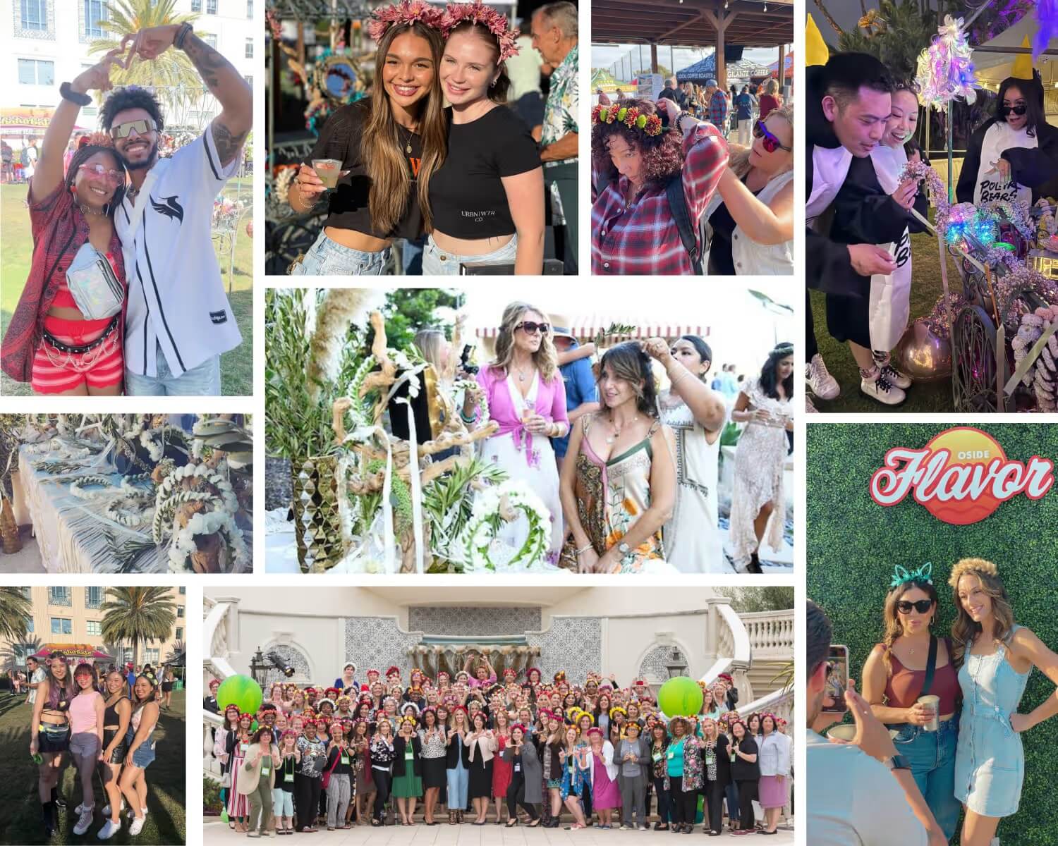 Collage of guests smiling wearing and making flower crowns