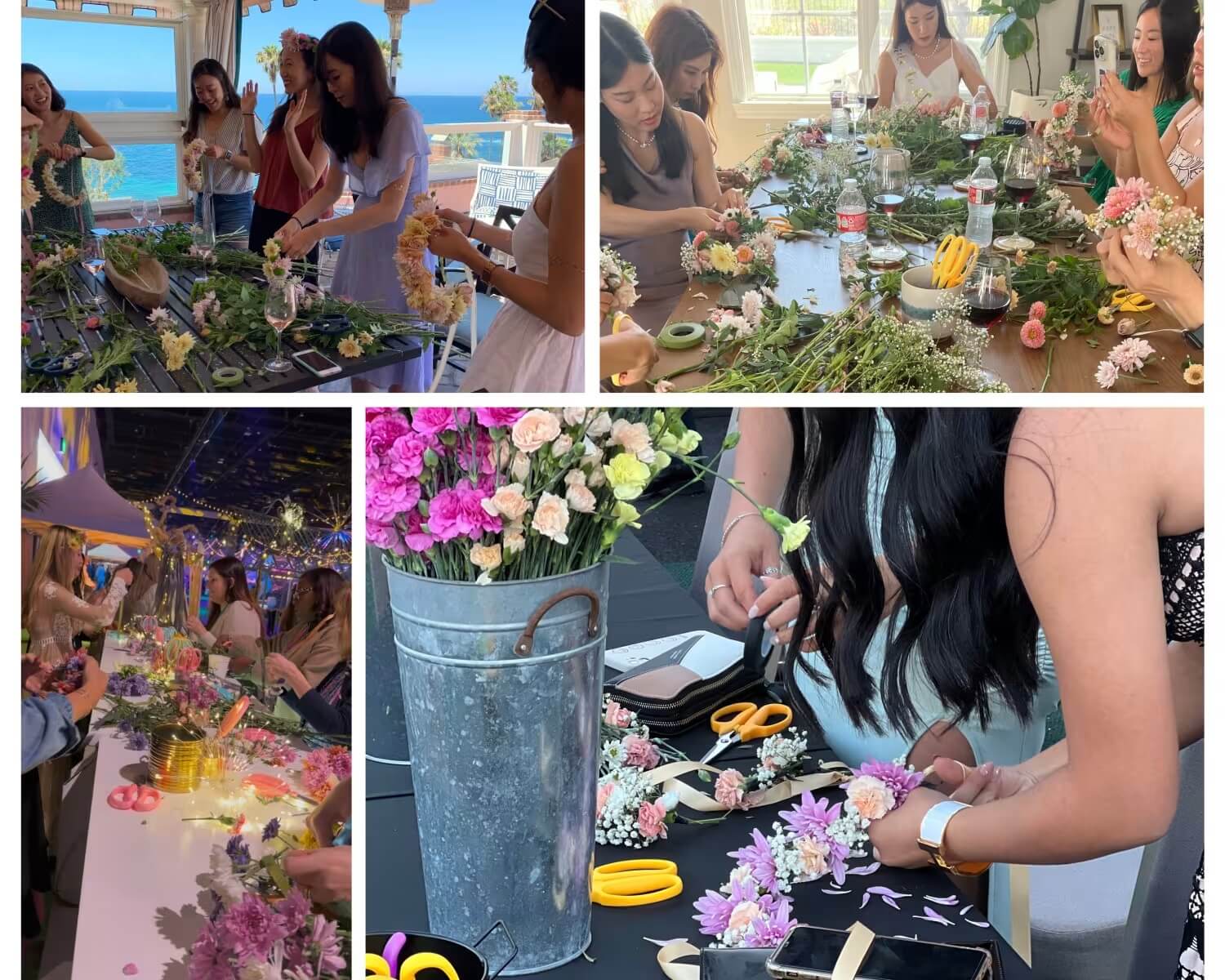 Collage of guests smiling wearing and making flower crowns