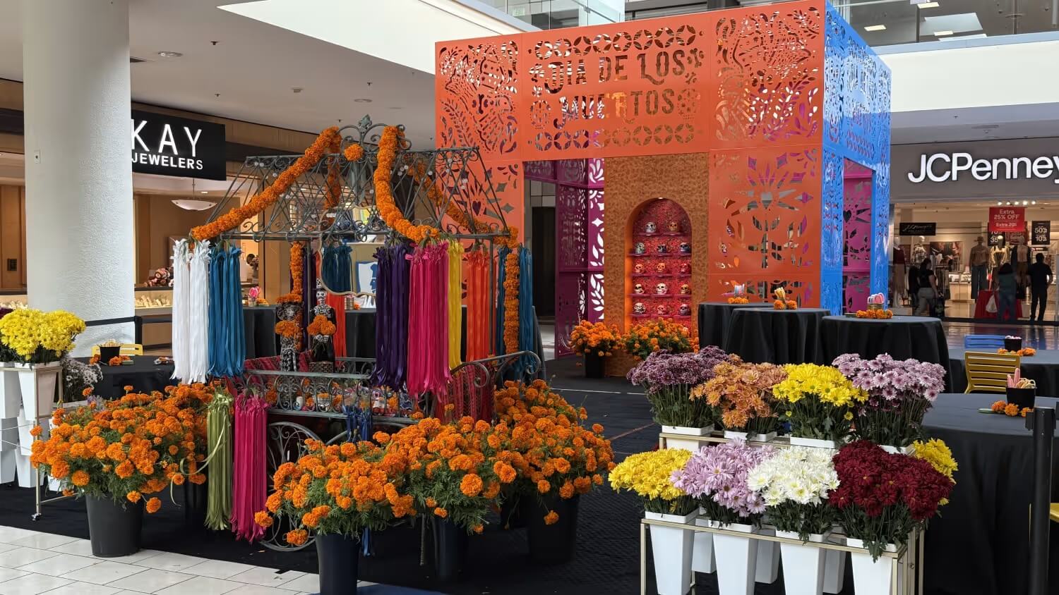 Flower crown stations in purples and oranges