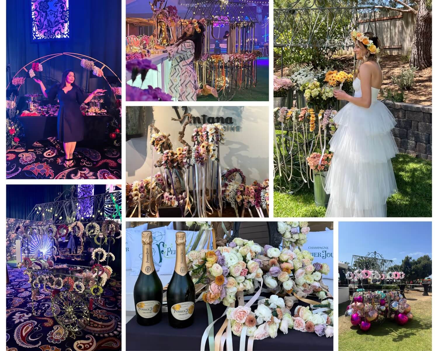 Collage of guests smiling wearing flower crowns and flower crown stations on a cart