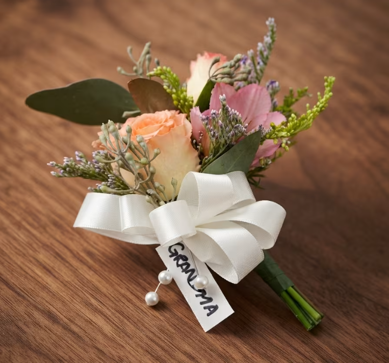 3 flower corsage, wedding flowers. boston, cambridge. Coady Florist