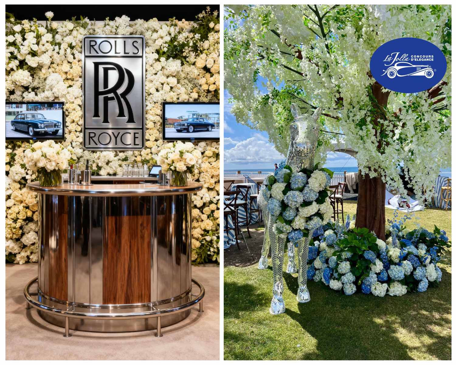 Collage of various event floral displays, including foliage walls and speciality outdoor work