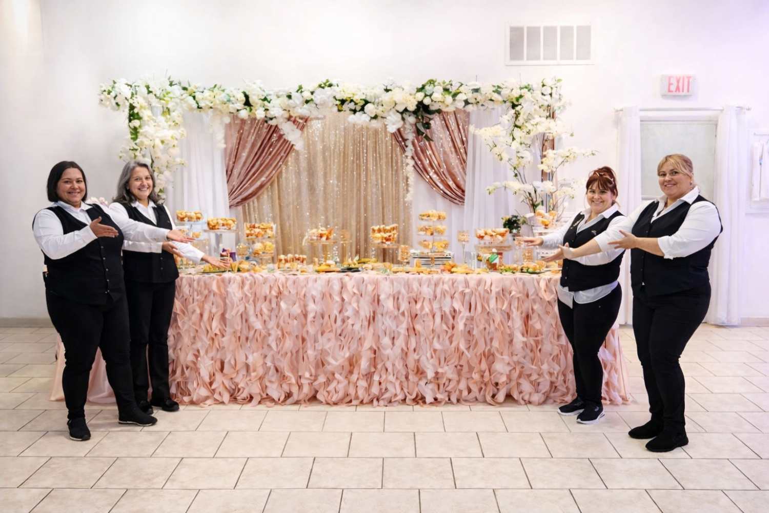 Group of people from Samantha's Events displaying and event decoration spread with florals