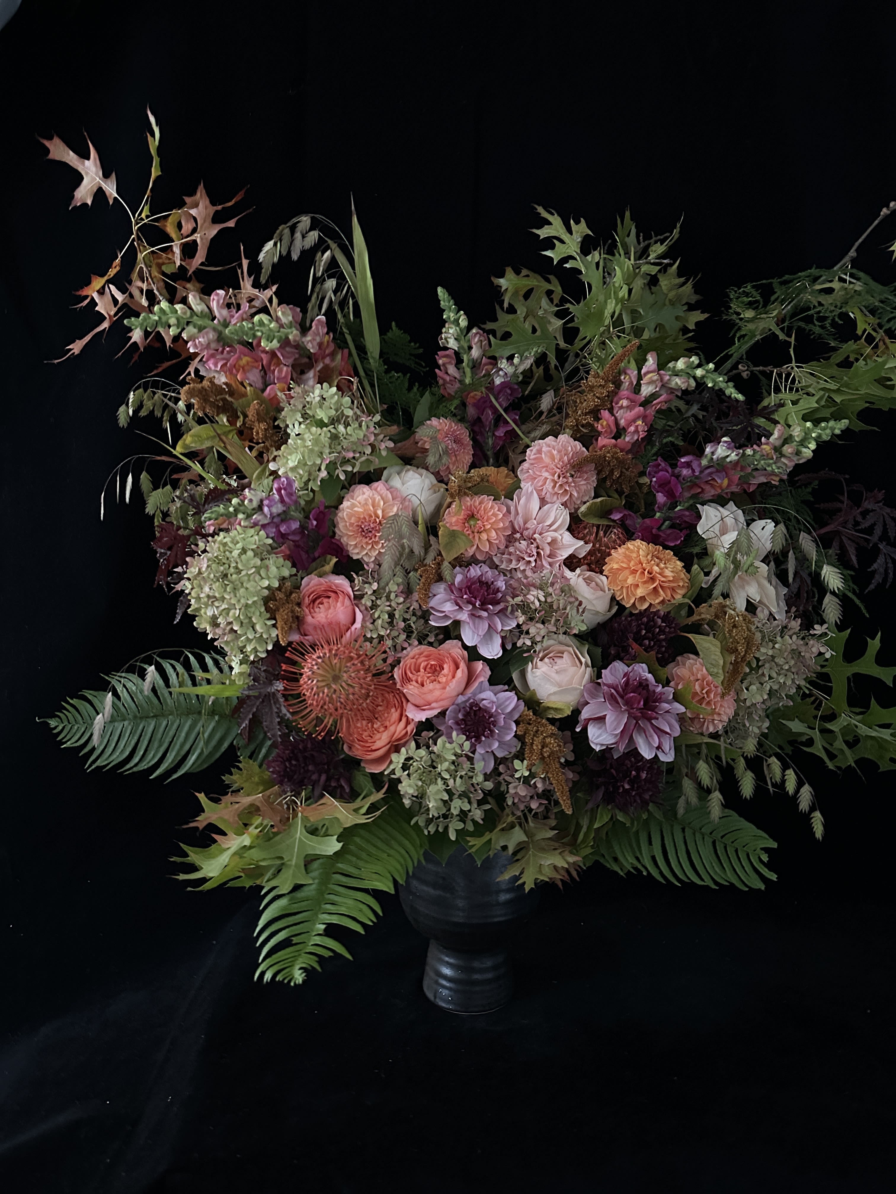 Vertical Seasonal Statement Arrangement w/ 3 bedside vases 