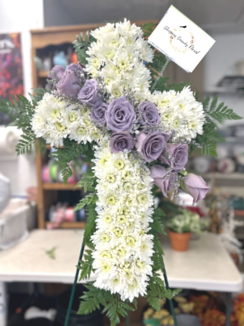 White floral cross with lavender accents