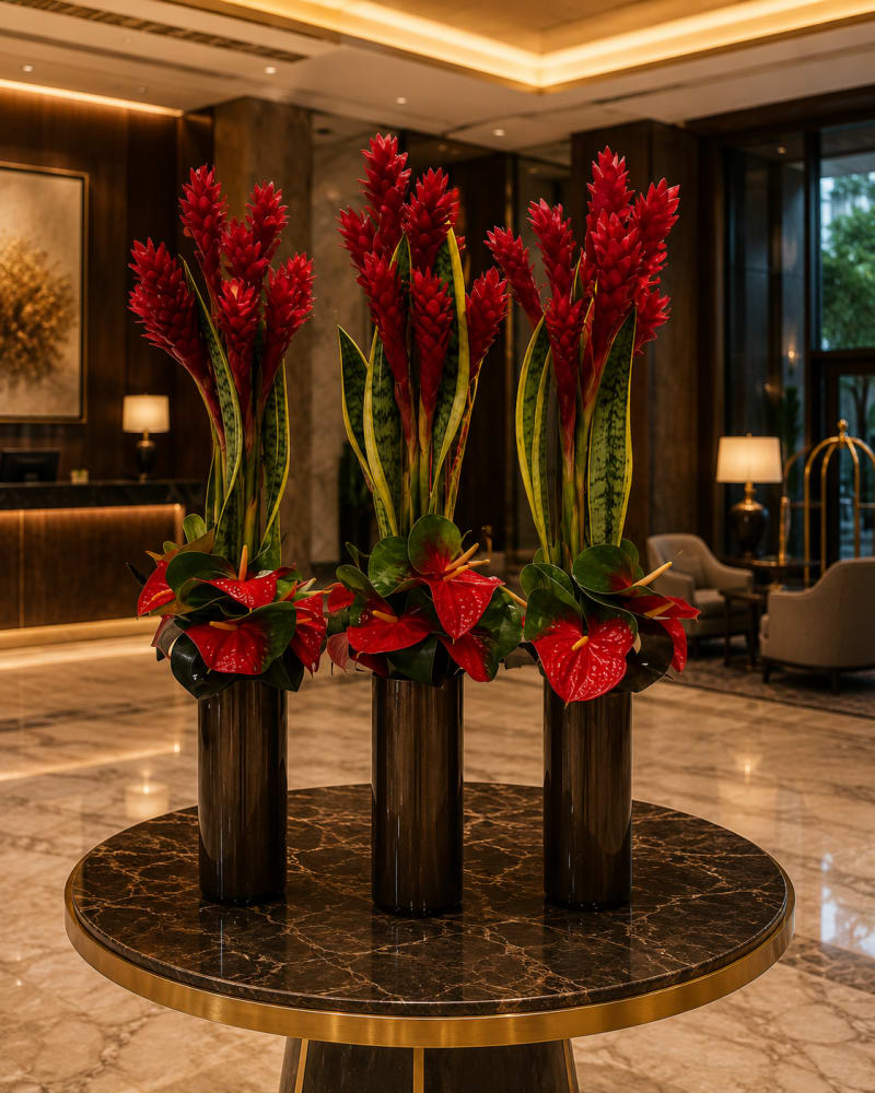 Tall red mixed floral centerpieces in black vessels for a luxury event.