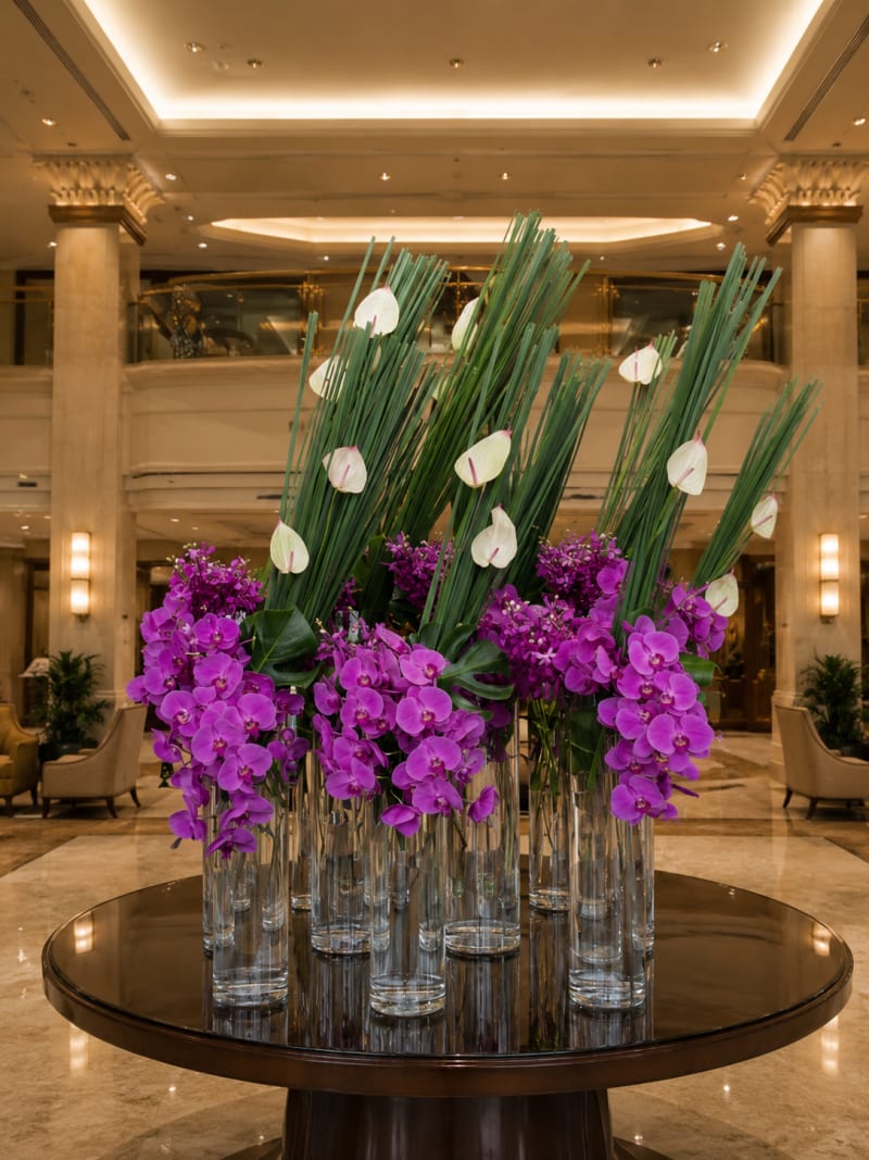 Purple and green hotel lobby floral arrangement.