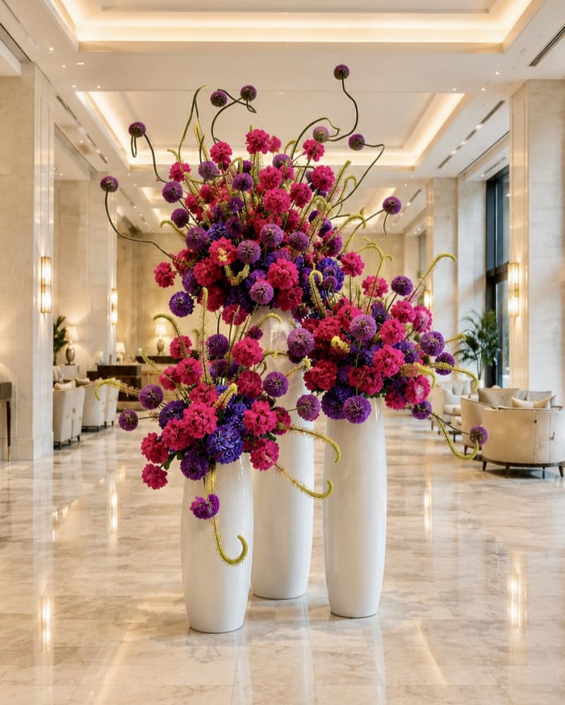 Large luxury hotel lobby floral installation with vibrant purple, pink, and red flowers in Brickell.