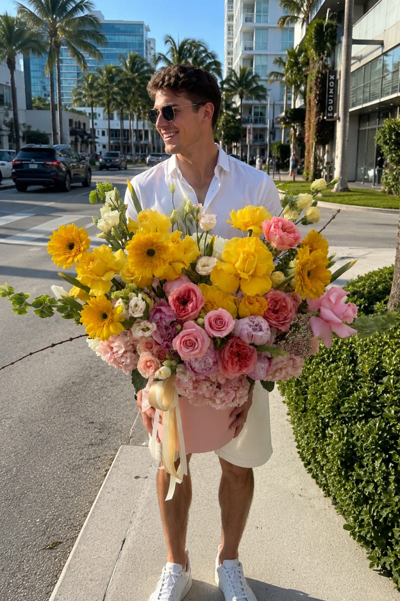 Bright summer bouquet with yellow gerbera daisies, pink roses, hydrangeas, and seasonal flowers in Miami Beach