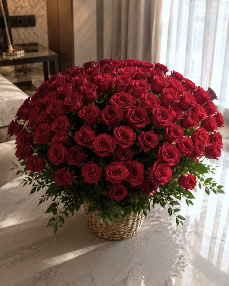 Round red rose arrangement for flower delivery.