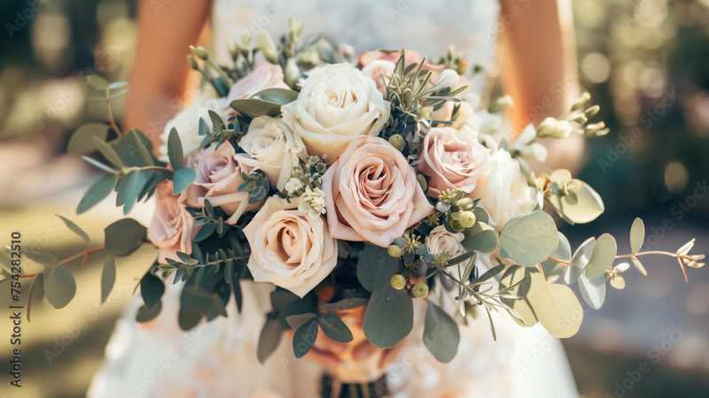 Blush rose bouquet with ivory flowers.