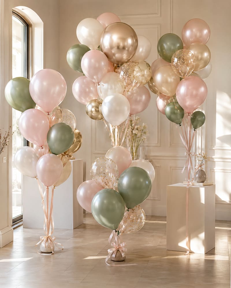 Blush and gold balloon backdrop for an event.